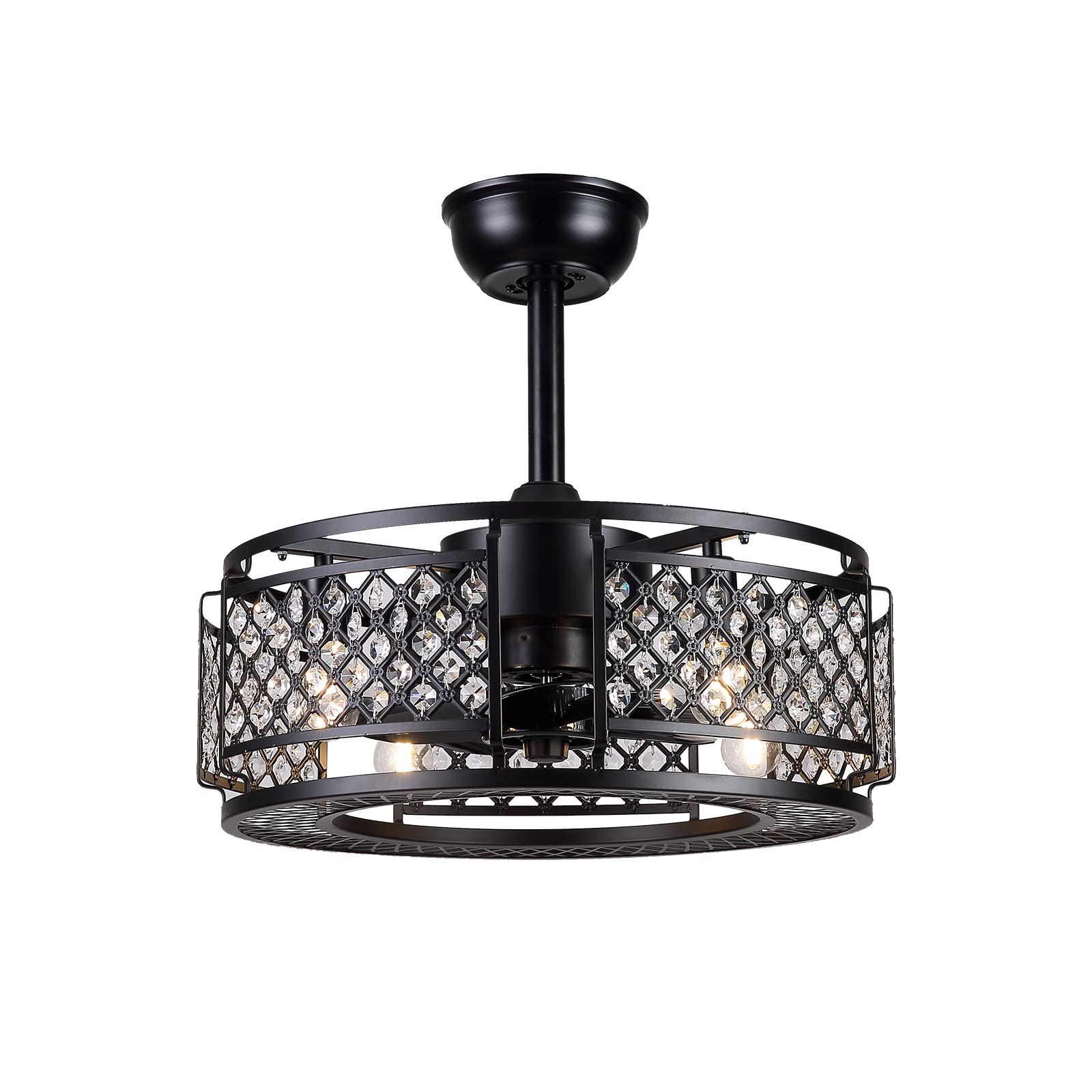 Industrial Bladeless Ceiling Fan with Lights & Remote Control - Vintage Black Crystal Chandelier Fan for Bedroom, Living Room, Dining Room - Farmhouse Cage Fandelier with Energy Efficient LED Lighting - Perfect for Home, Office and Commercial Spaces