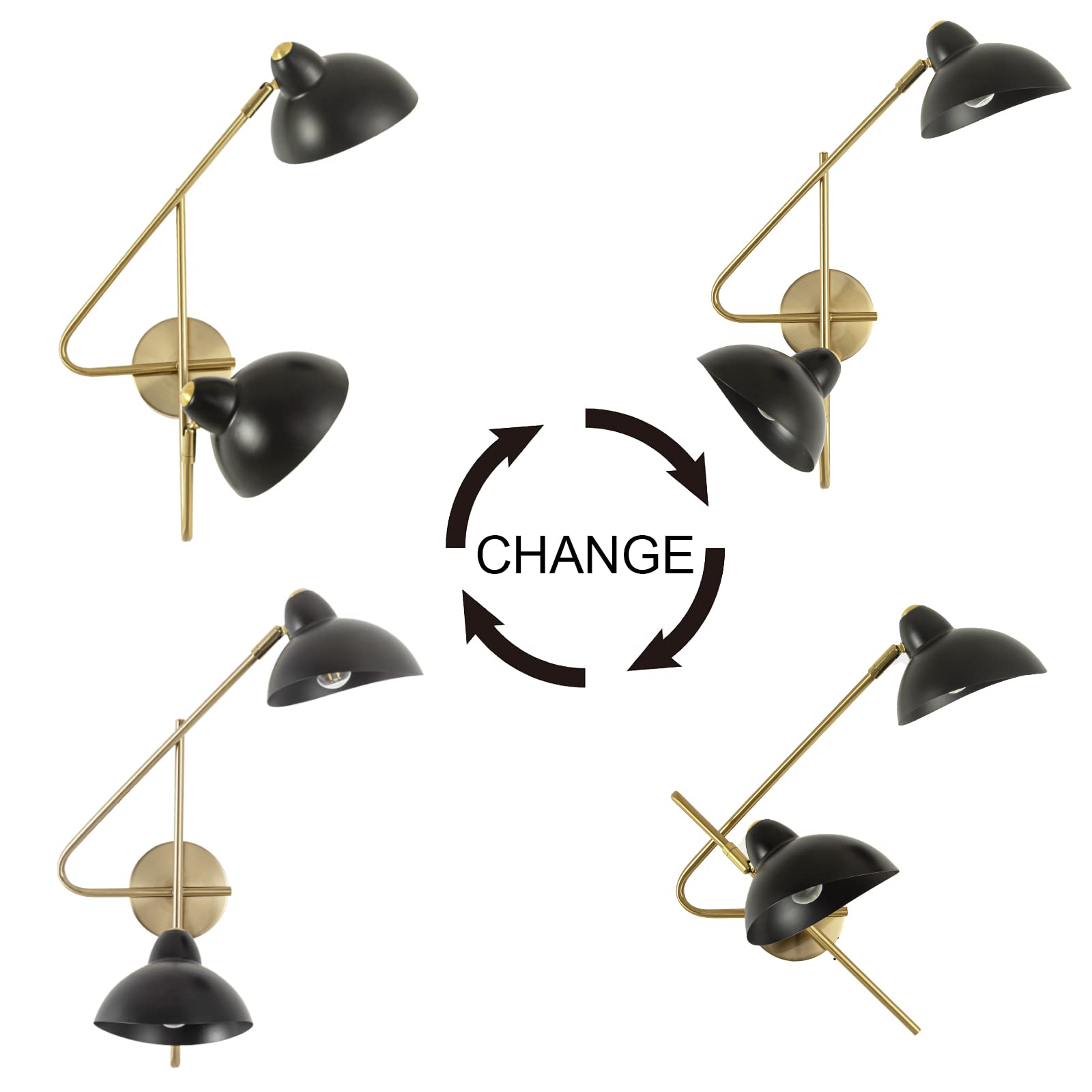 2-Light Plug-in Wall Sconces, Black & Gold Swing Arm Wall Lamp - Modern Plug-in Wall Light for Living Room, Bedroom, Bedside - Easy Installation with Plug Cord - Perfect for Reading Nook, Hallway & Home Office Lighting