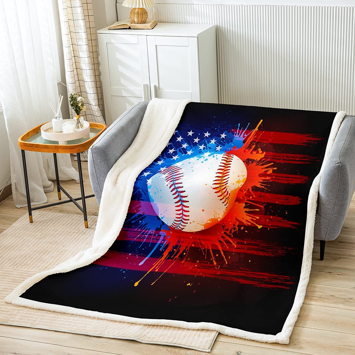50x60 Inch American Flag Sherpa Fleece Throw Blanket - Super Soft Cozy Plush Blanket for Kids, Women & Adults | Watercolor Tie Dye Design | Perfect for Baseball Games, Sofa, Bed & Couch | Machine Washable