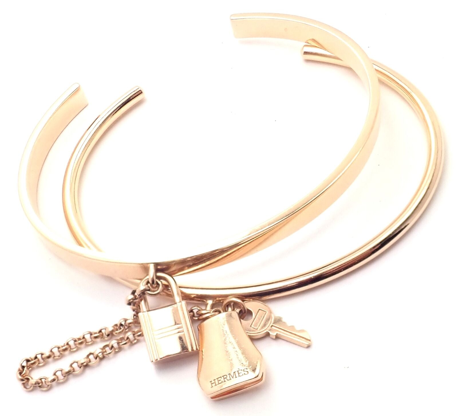 Authentic Hermes 18K Rose Gold Kelly Clochette Double Cuff Bangle Bracelet - Luxury Jewelry for Women, Perfect for Weddings, Parties & Special Occasions
