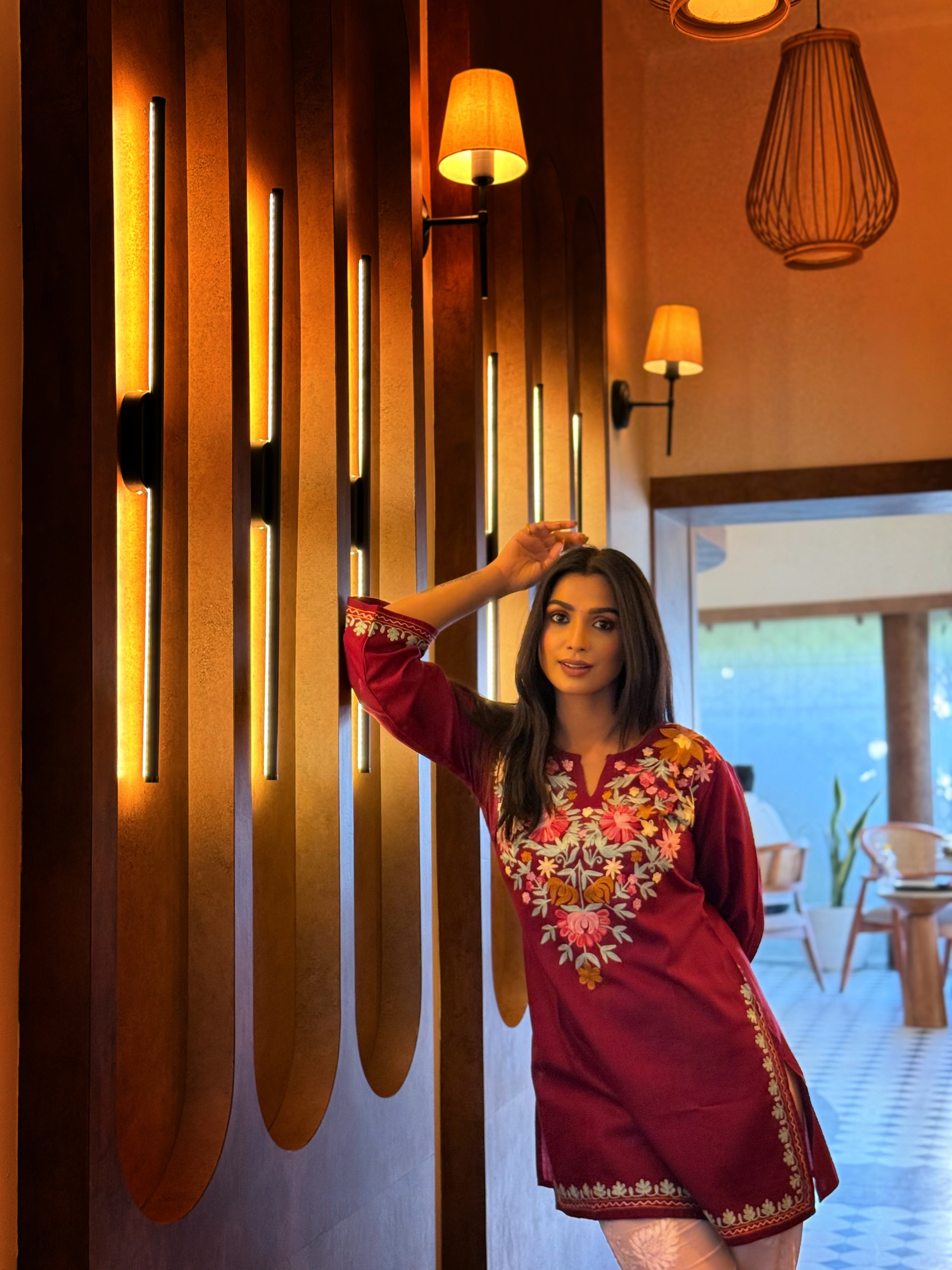 Aditi Handmade Kashmiri Aari Work Cotton Short Kurta for Women - Maroon Ethnic Embroidered Tunic Top | Perfect for Festivals, Weddings & Cultural Events