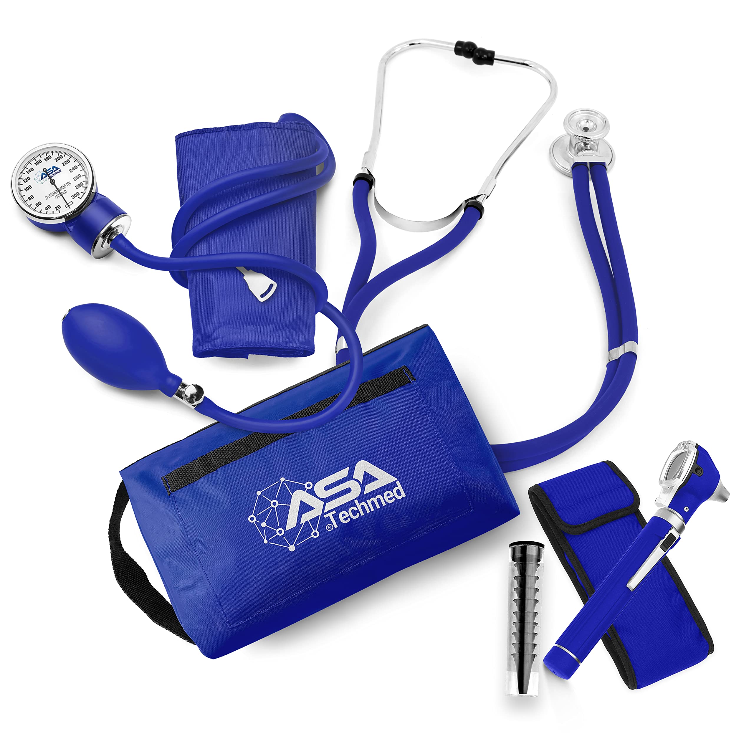 ASA TECHMED Professional Nurse Essentials Kit - Adult Aneroid Sphygmomanometer, Stethoscope & Diagnostic Otoscope in Portable Travel Case (Blue) | Ideal for Home Healthcare, Clinical Practice & Emergency Medical Use
