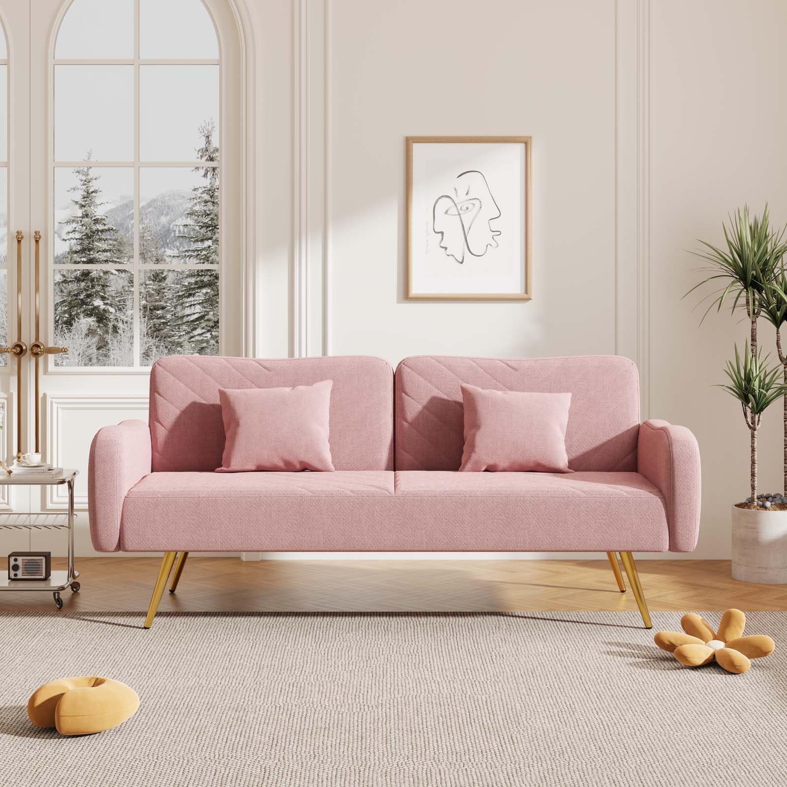 Modern Convertible Futon Sofa Bed with 2 Pillows - 3-Position Adjustable Split-Back Design & Sturdy Metal Frame - Space-Saving Sleeper Couch for Small Apartments, Living Room, Guest Room (Pink) - Perfect for Studio Apartments, Home Offices & Overnight Guests