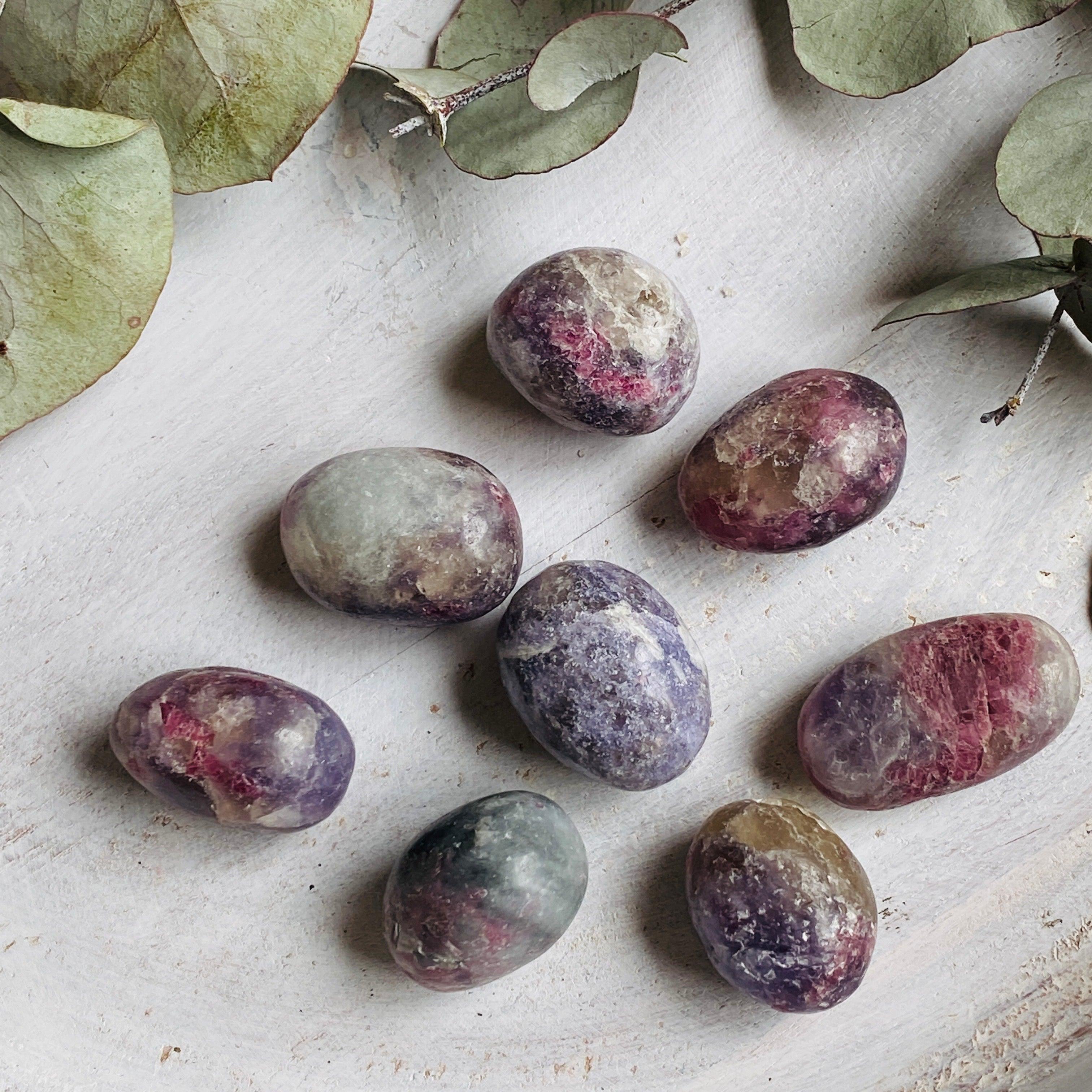 Pegmatite Unicorn Tumbled Stone - Pink Tourmaline, Lepidolite & Smoky Quartz Crystal Healing Stones for Meditation, Reiki & Home Decor