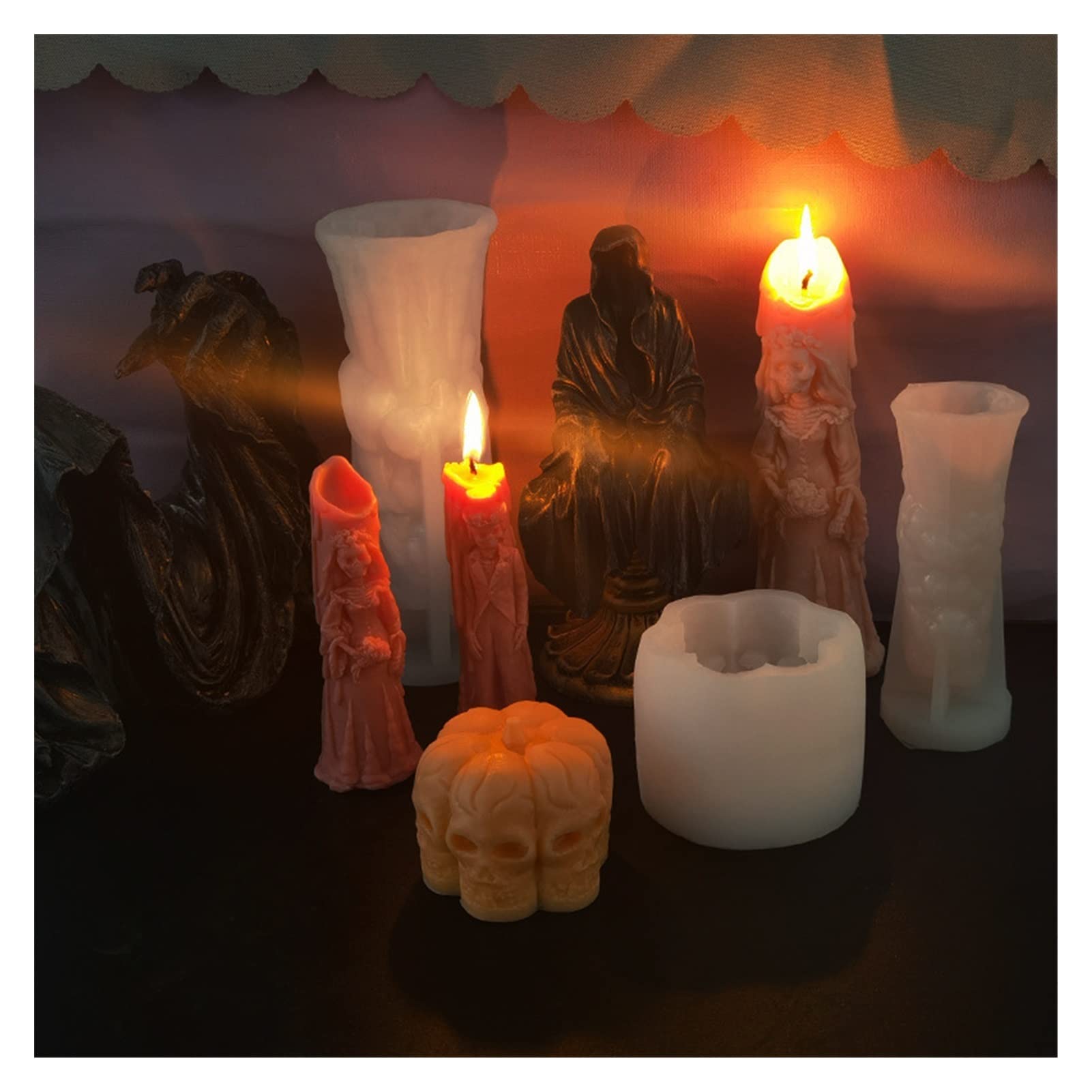Halloween Zombie Skull Candle Silicone Mold Set - DIY Epoxy Resin, Gypsum, Aromatherapy Candle Making Kit - Orange Color for Spooky Home Decor, Party Favors & Handmade Gifts