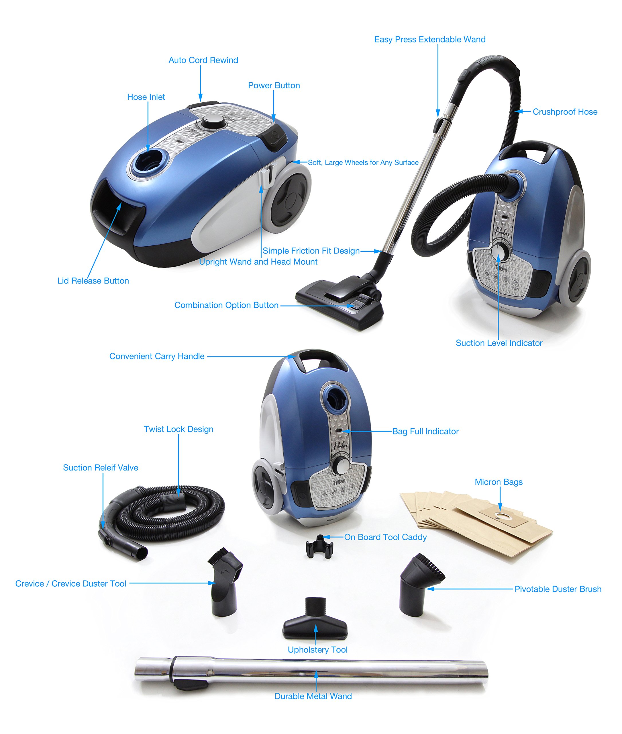 Prolux Tritan Blue HEPA Sealed Canister Vacuum - 12 Amp Powerful Motor for Hard Floors | Ideal for Pet Hair, Hardwood & Tile Cleaning | Home & Office Use