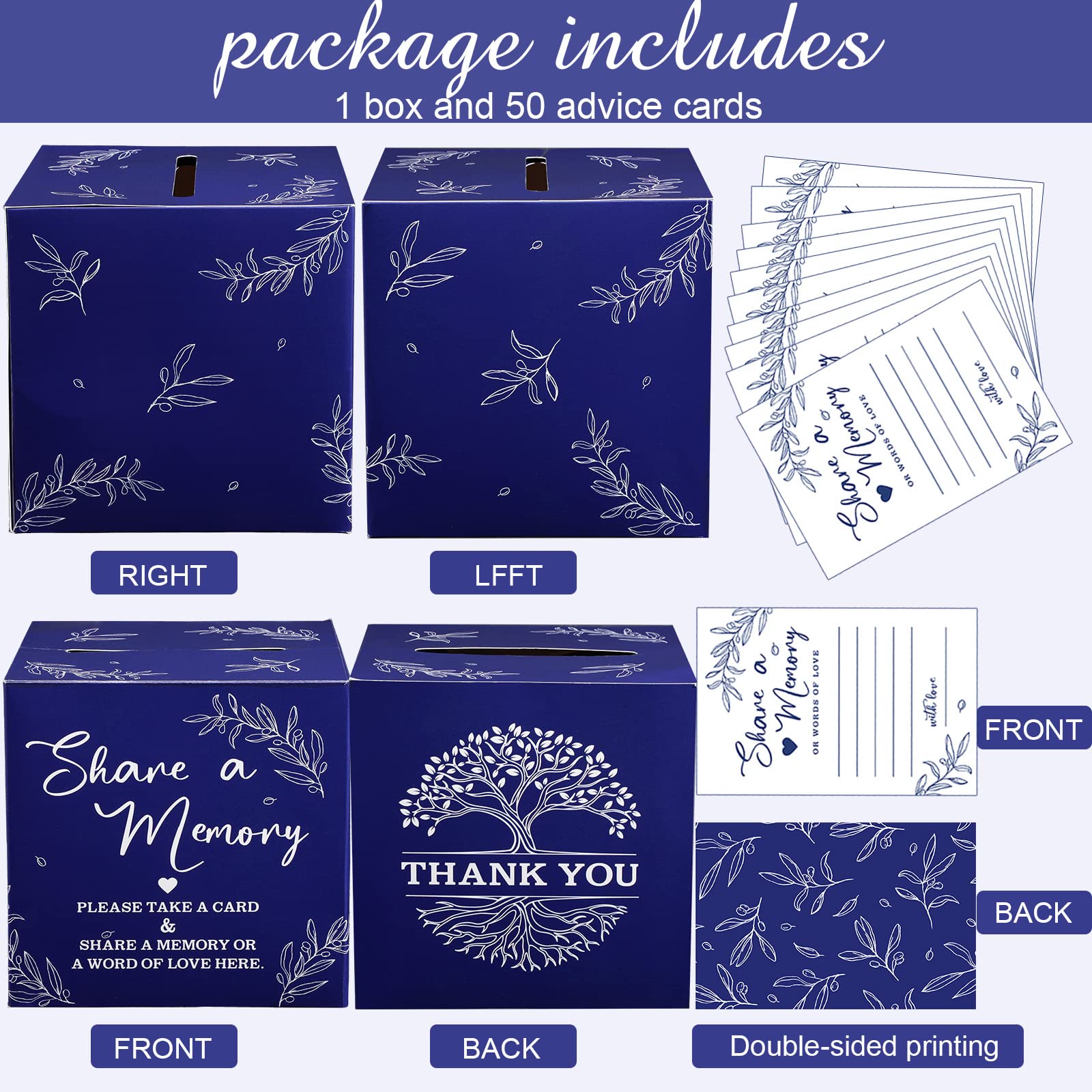 50 Pcs Memory Sharing Cards for Life's Special Moments - Funeral, Graduation, Wedding, Bridal Shower, Birthday, Anniversary & Retirement Keepsake Box (Dark Blue) - Perfect for Guest Messages, Memorials & Celebration Events