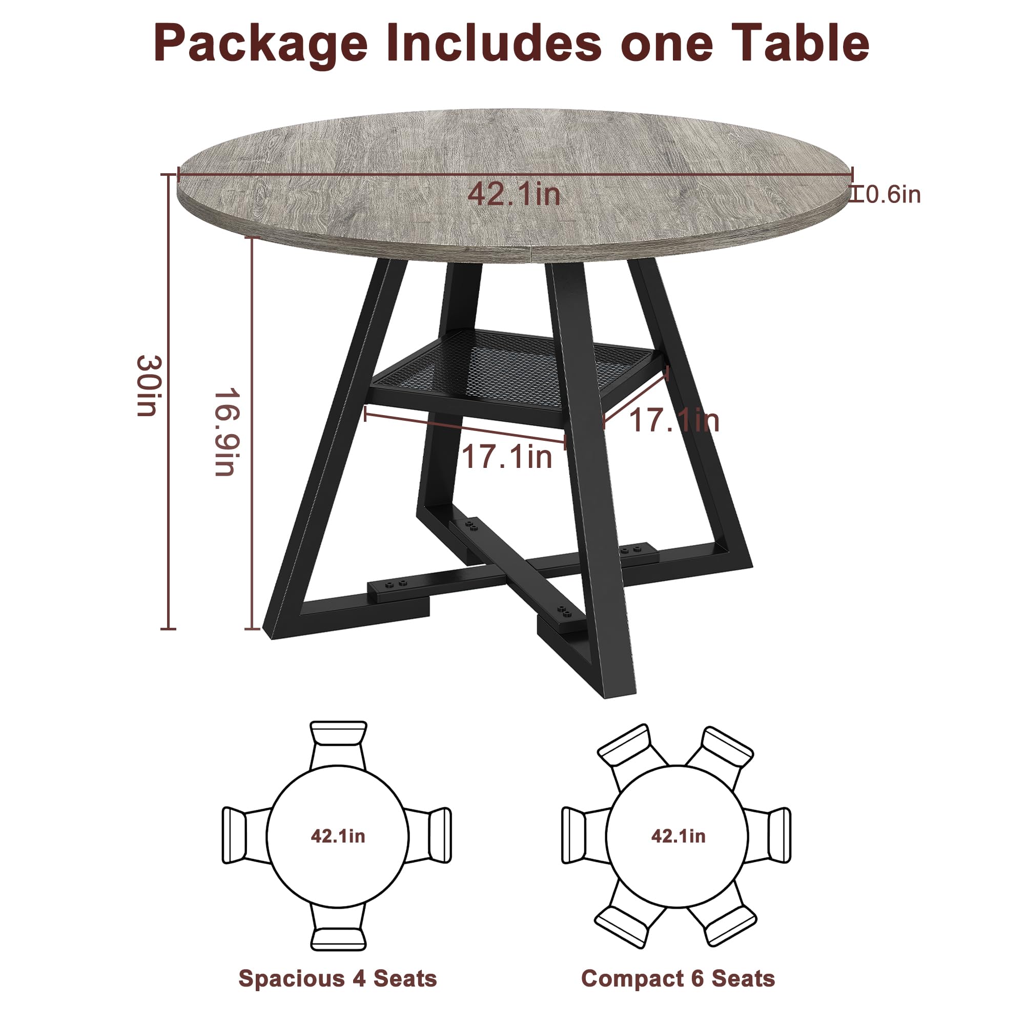 42 Inch Round Dining Table for 4 - Space Saving Wooden Kitchen & Dining Room Furniture with Pedestal Base, Grey - Perfect for Small Spaces, Breakfast Nooks & Cozy Family Meals