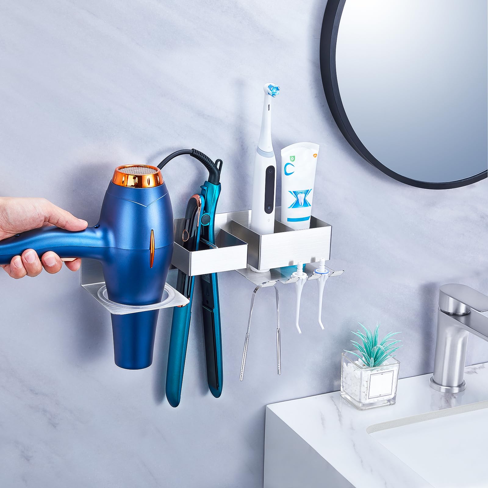 Wall Mounted Hair Straightener & Blow Dryer Holder - Stainless Steel Hair Tools Organizer with Plug Hook for Bathroom & Salon | Perfect for Hair Styling, Drying & Storage Organization