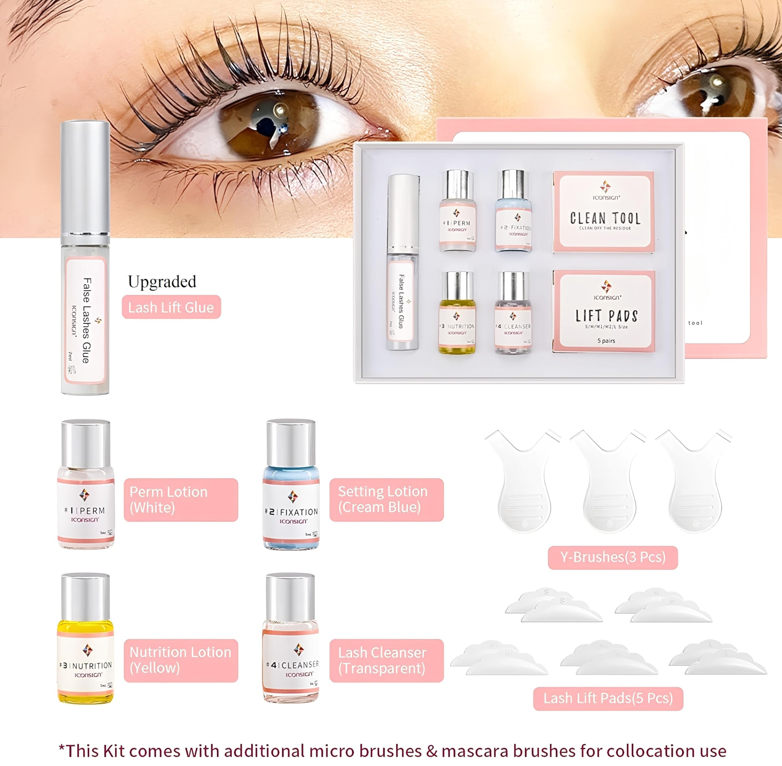Professional ICONSIGN Lash Lift Kit - Semi-Permanent Eyelash Curling Perm Set with Lash Shields, Eye Gel Pads & Brushes for Salon & Home Use - Achieve Beautiful, Long-Lasting Curled Lashes
