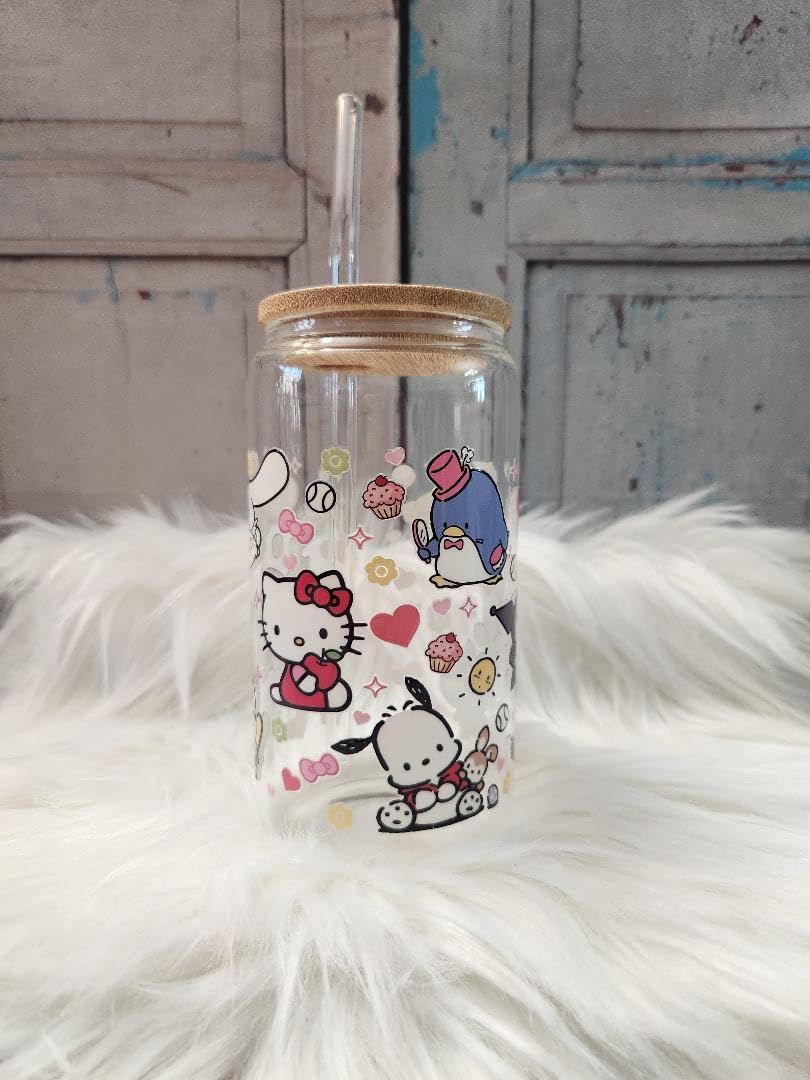 Hello Kitty Glass Can with Lid & Straw - 16oz Mason Jar Cup for Drinks & Snacks
