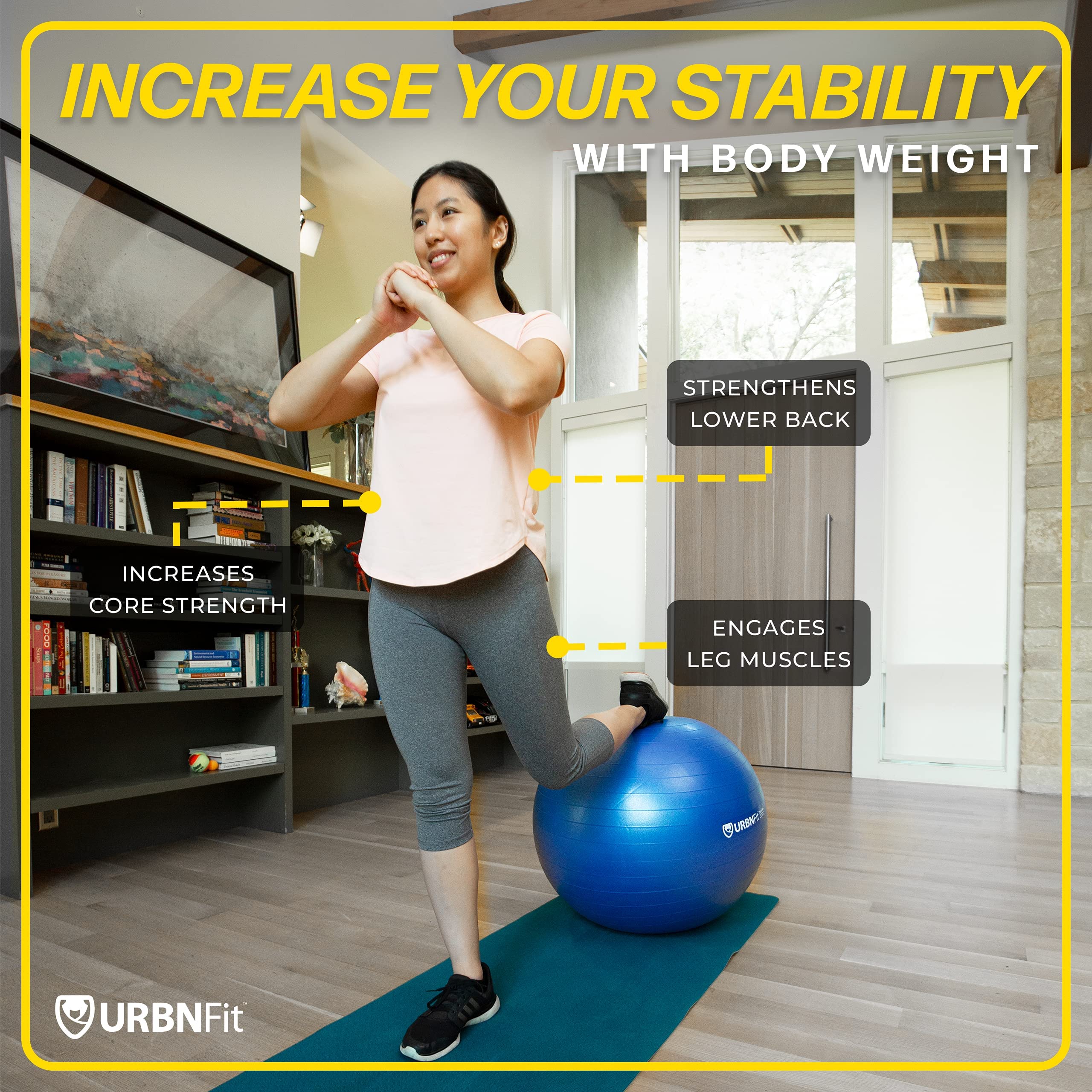 URBNFit Anti-Burst Exercise Ball - Premium Yoga & Stability Ball for Workouts, Pregnancy, Office & Home Gym - Includes Quick Pump - Perfect for Pilates, Core Training & Active Sitting (45cm/55cm/65cm/75cm)