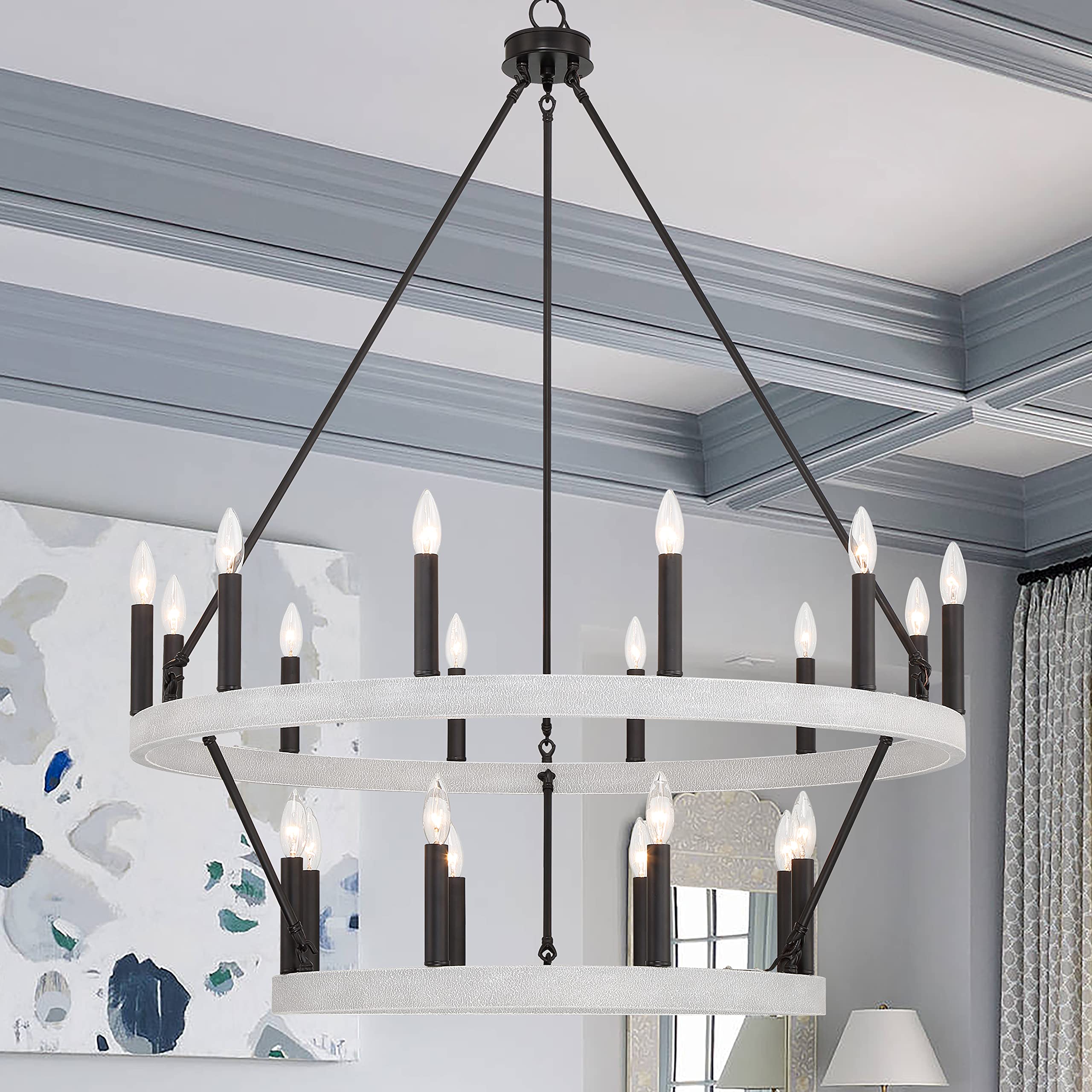 Vintage Farmhouse Wagon Wheel Chandelier - 20 Lights Rustic Ceiling Fixture for Living Room, Dining Room (Crackle White & Classic Black) | Perfect for Country Home Decor, Cabin Lighting, and Rustic Wedding Venues