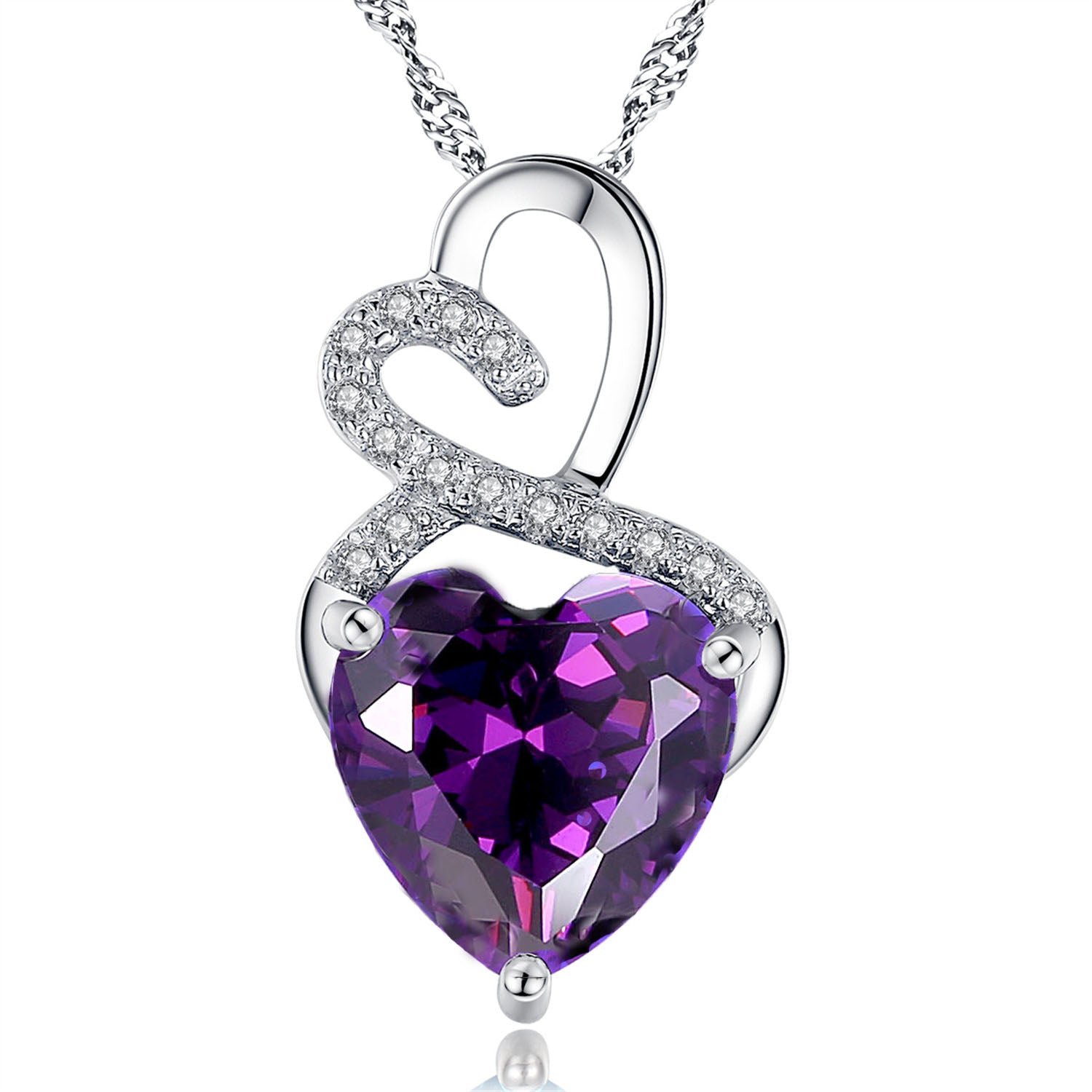 Authentic Sterling Silver Double Heart Simulated Birthstone Pendant Necklace for Women | Elegant Jewelry Gift for Her | Perfect for Anniversaries, Birthdays & Valentine's Day