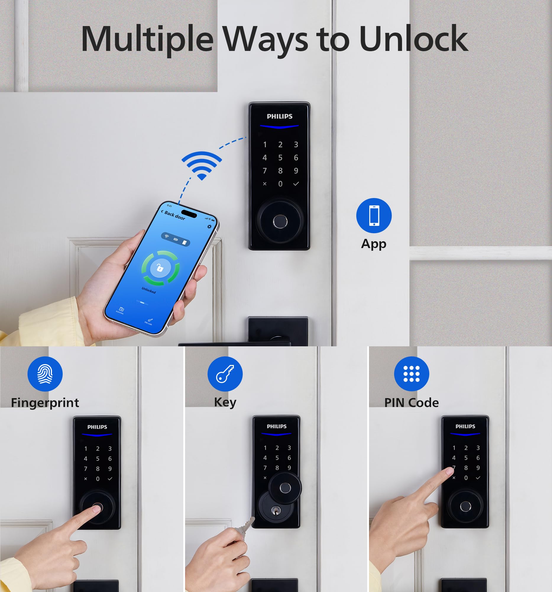 Philips Wi-Fi Smart Door Lock - Keyless Entry with App Control, Fingerprint ID, Auto Lock & Keypad Deadbolt | Includes Wi-Fi Bridge Adapter | Matte Black Smart Lock for Front Door | Perfect for Home Security & Hands-Free Access