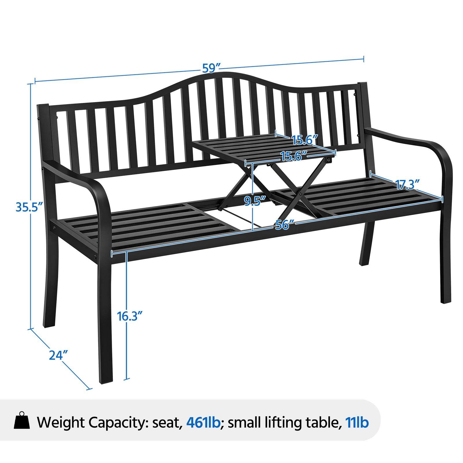 Topeakmart Outdoor Garden Bench with Adjustable Table - 2-Person Patio Furniture for Backyard, Park & Garden - Durable Black Steel Bench for Relaxing & Outdoor Dining
