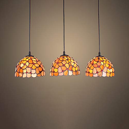 Vintage Tiffany Style Stained Glass Pendant Light - 3 Head Multi-Color Dome Hanging Lighting Fixture for Balcony, Kitchen Island, Dining Room & Foyer Decor (Flower Pattern)