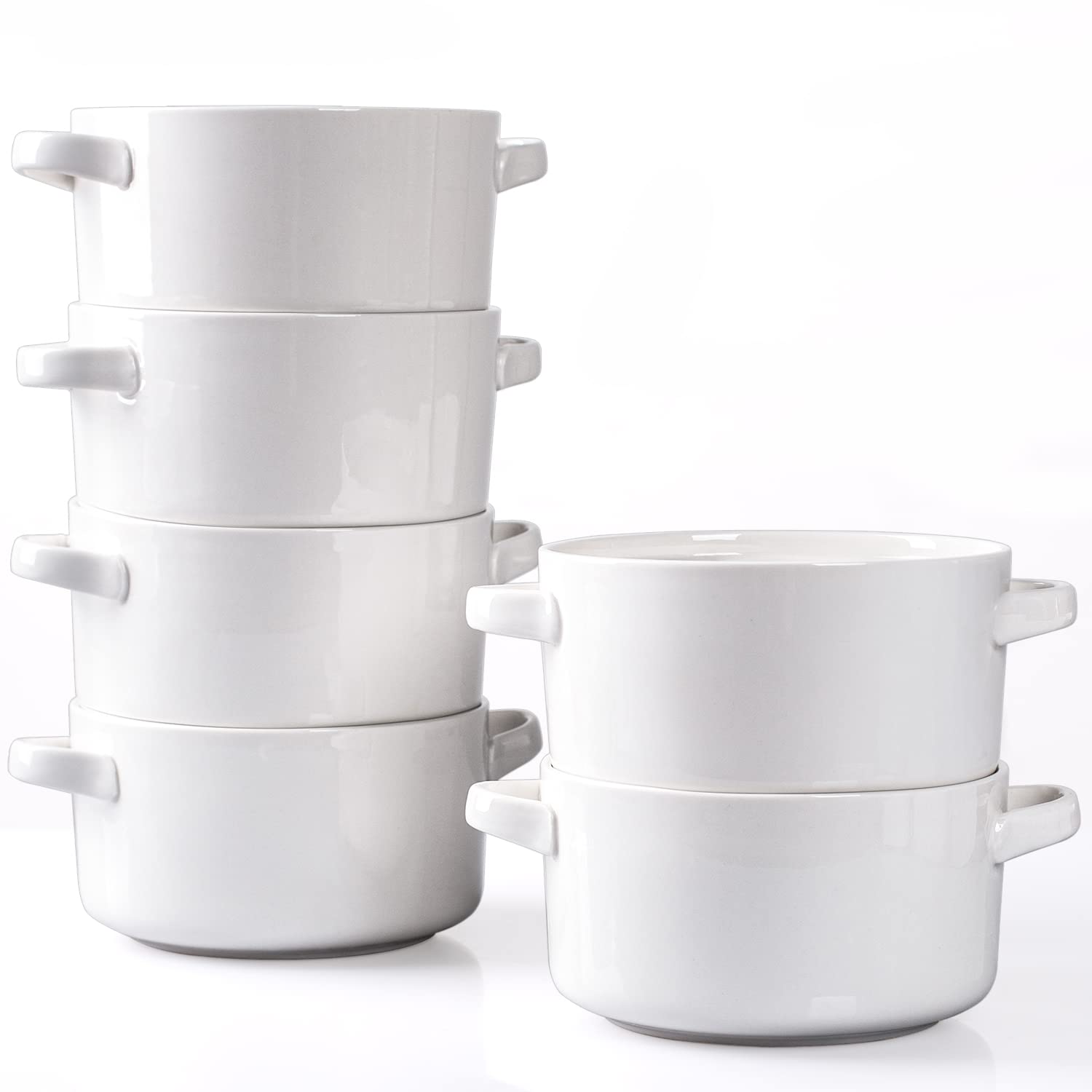 Delling 6-Pack 24oz Ceramic Soup Bowls with Handles - Large Serving Bowls for French Onion Soup, Chili, Stew & Cereal - Microwave & Oven Safe White Bowls - Perfect for Family Dinners, Restaurants & Entertaining