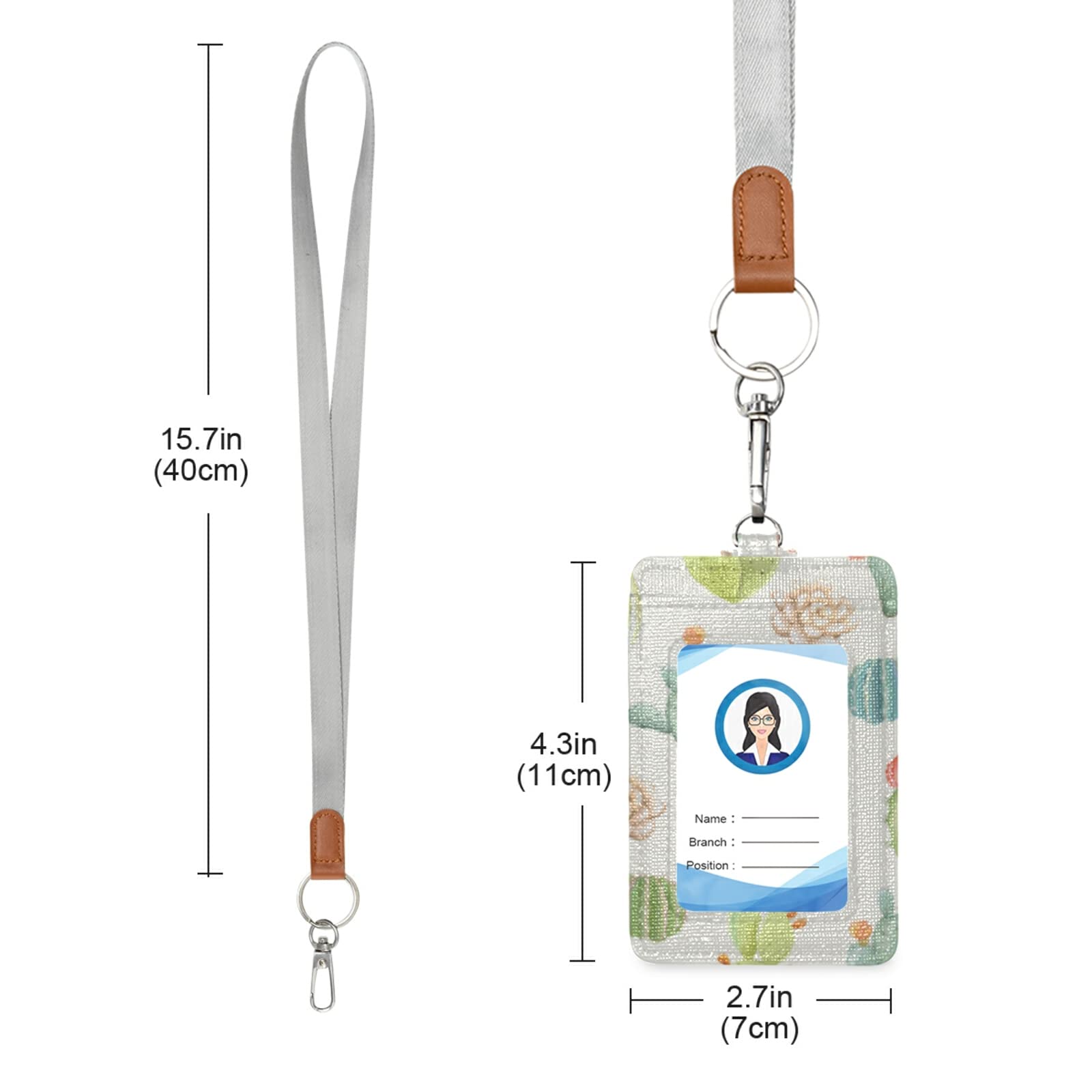 Cute Cactus ID Badge Holder with Lanyard - Vertical Leather Name Tag for Office & School Staff