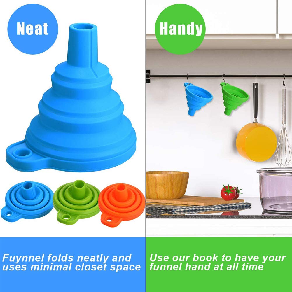 3 Pack Collapsible Silicone Kitchen Funnel - Food Grade for Water Bottles, Oil, Liquid & Powder Transfer - Portable & Space Saving (Red) - Perfect for Camping, Baking & DIY Projects