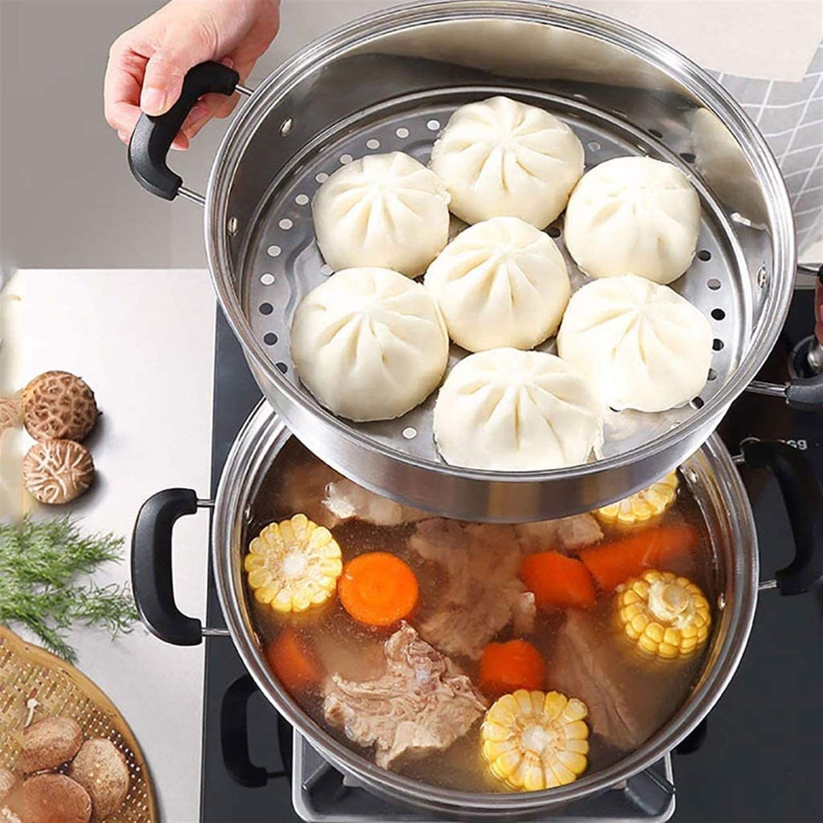 3-Tier Stainless Steel Steamer Pot with Tempered Glass Lid - Multi-Purpose Cookware for Electric, Induction, Grill Stovetops - Dishwasher Safe - Perfect for Dumplings, Vegetables, Seafood & Meal Prep