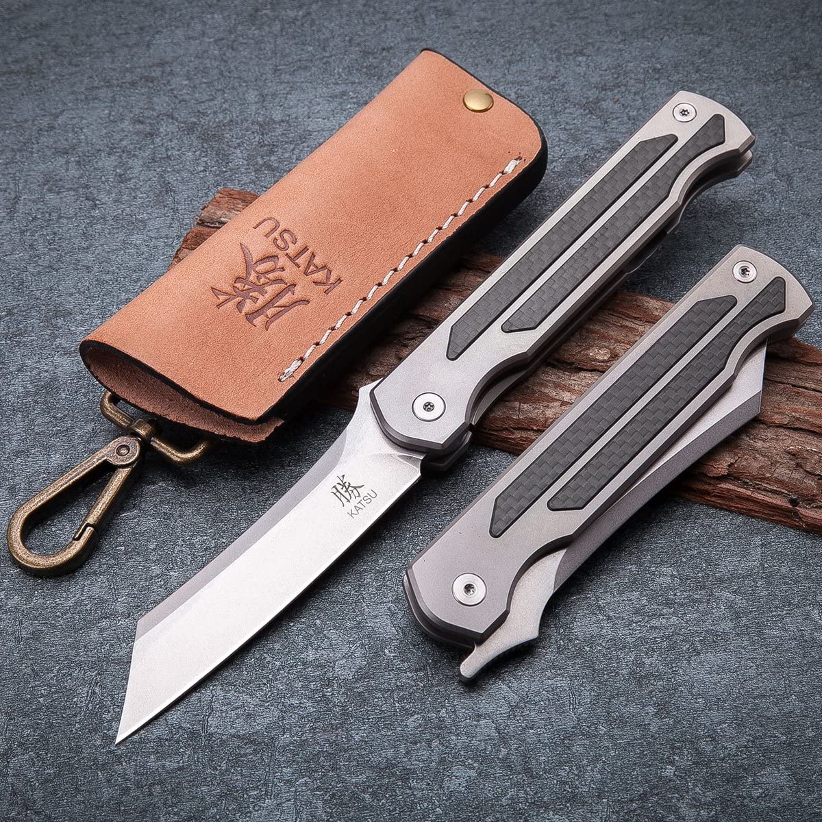 KATSU JT01 Titanium Folding Knife with Carbon Fiber Handle & Leather Sheath - EDC Pocket Knife for Outdoor Camping, Hiking, Survival Gear