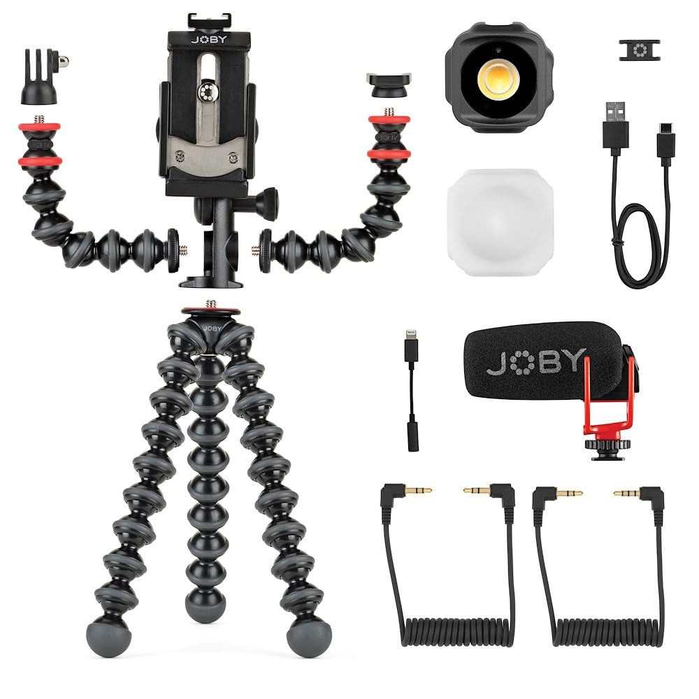 JOBY GorillaPod Advanced Mobile Vlogging Kit with Beamo LED Light & Wavo Microphone - Universal Phone Mount, GripTight Clamp & Mini Mic for YouTube Creators, Travel Vlogging, Live Streaming & Content Creation