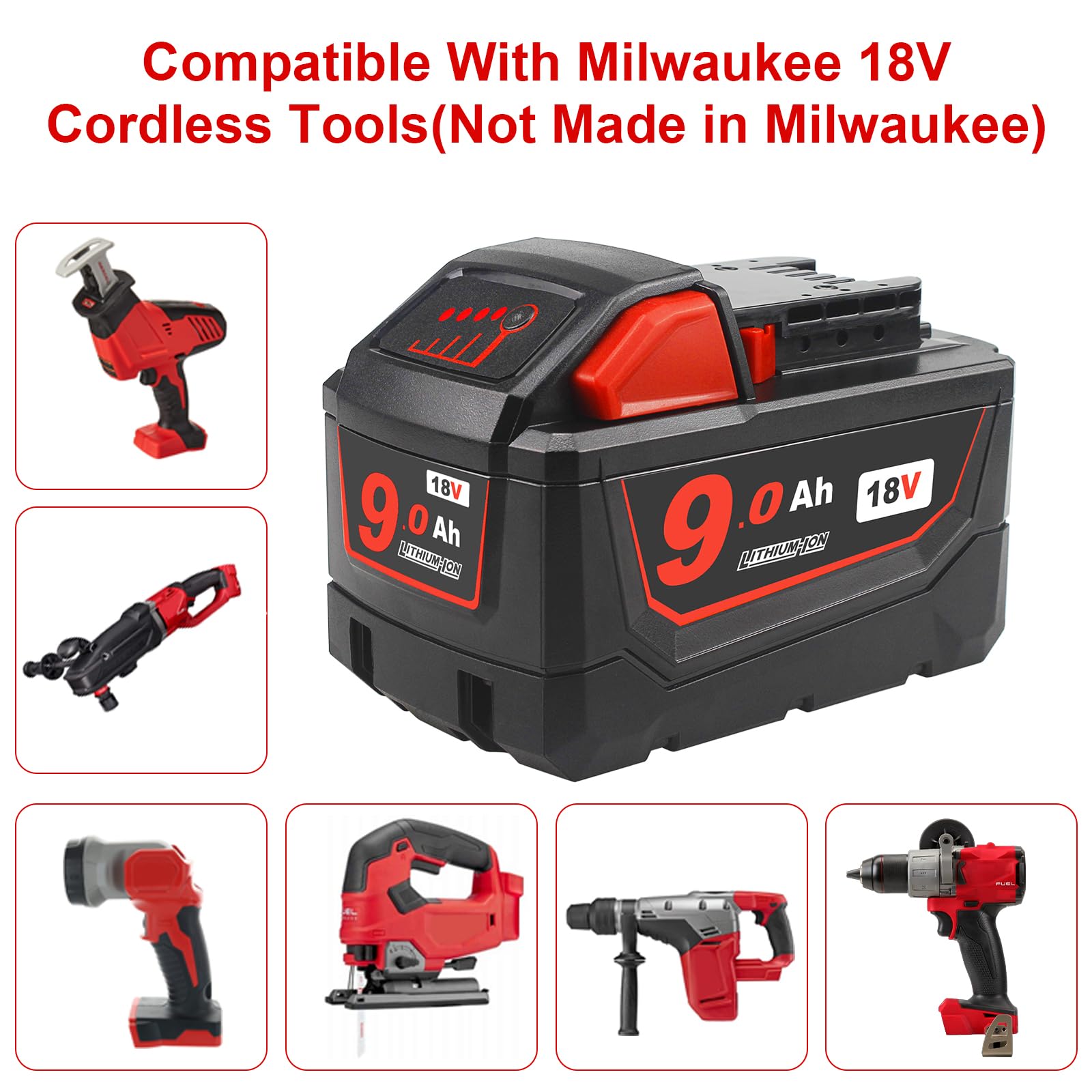 18V 9.0Ah High Capacity Replacement Battery for Milwaukee 48-11-1820 48-11-1850 48-11-1862 48-11-1828 48-11-1865 48-11-1840 - Compatible with Milwaukee M18 Cordless Power Tools - Perfect for Drills, Saws, Flashlights & More DIY/Construction Projects