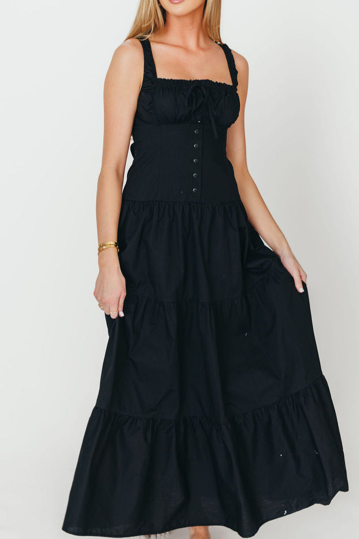Sutton Corset Button Down Tiered Maxi Dress for Women - Elegant Black Long Dress with Flowy Skirt | Perfect for Weddings, Parties & Special Occasions