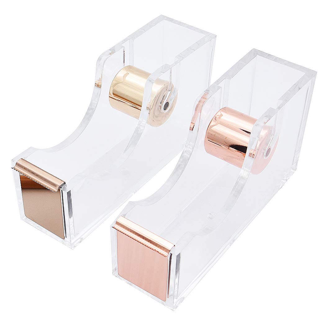 Clear Acrylic Tape Dispenser - Single Hand Tape Dispenser with Rose Gold Finish for Office & Home Use | Modern Desktop Tape Holder for Crafts, Packaging & Organization