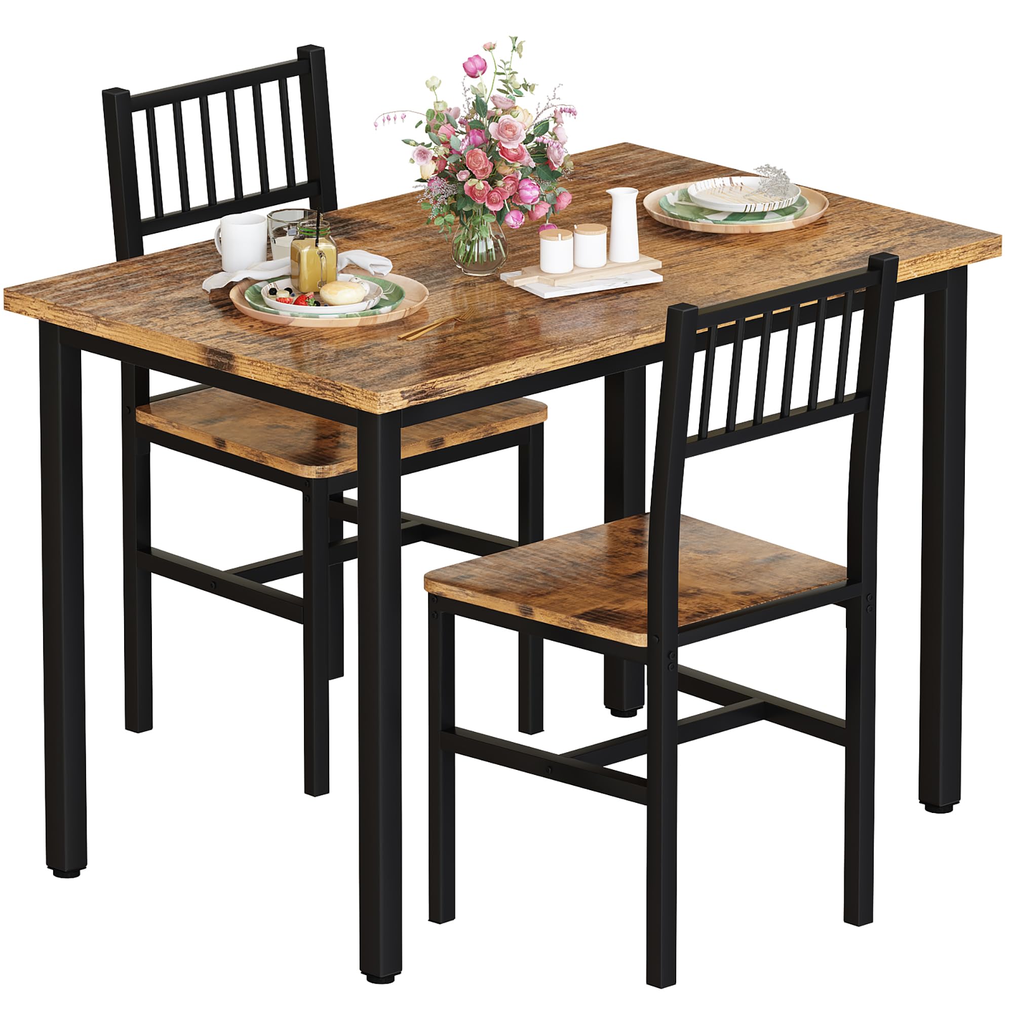 AWQM 3-Piece Industrial Dining Table Set with 2 Chairs - Compact Kitchen & Breakfast Table for Small Spaces - Perfect for Apartments, Living Rooms & Dining Areas (Brown) | Ideal for Morning Coffee, Family Meals & Small Space Entertaining