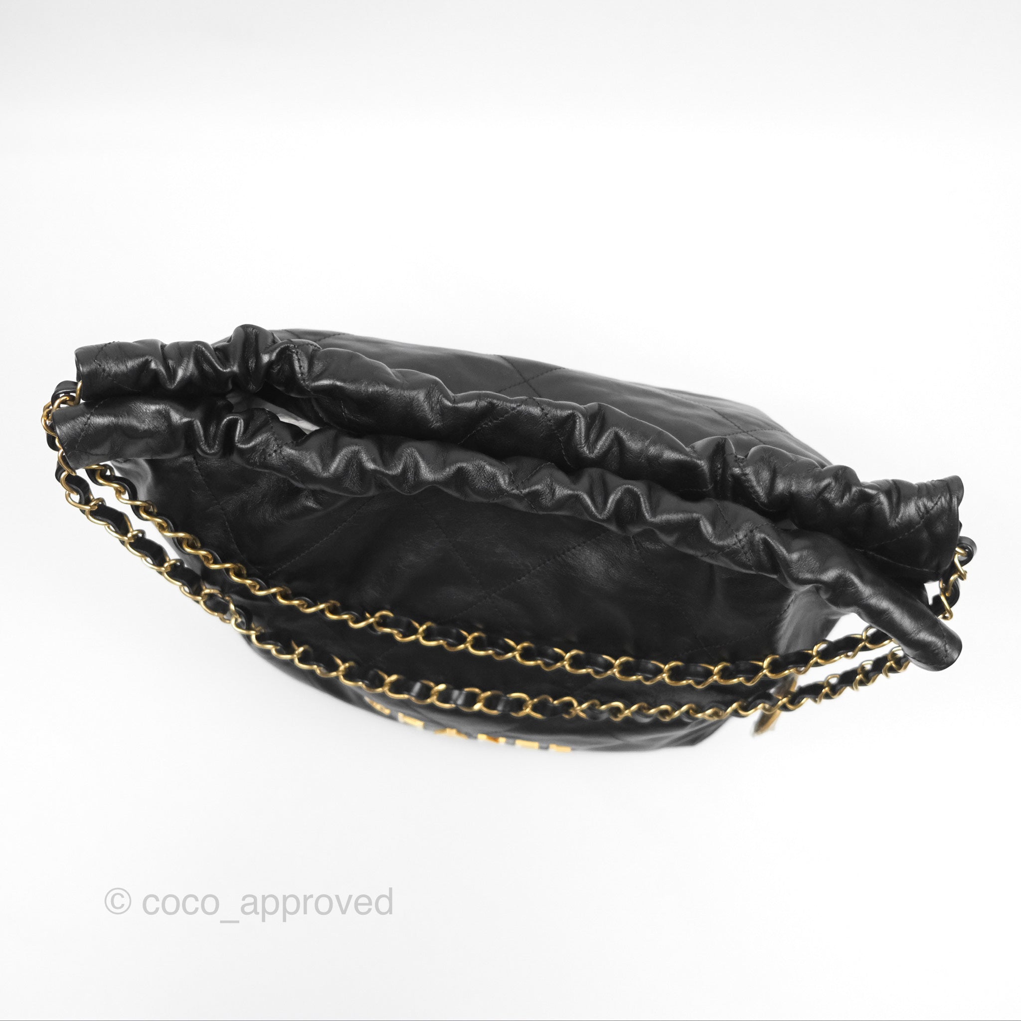 Chanel 22 Medium Black Crumpled Calfskin Leather Shoulder Bag with Aged Gold Hardware - Luxury Handbag for Women, Perfect for Work, Travel & Evening Events