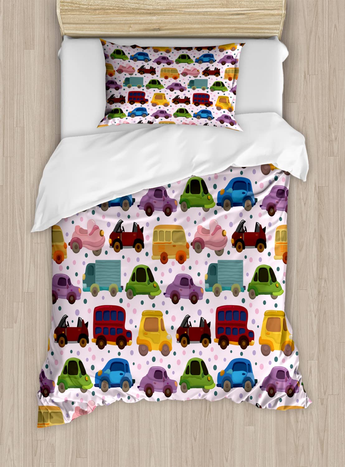 Ambesonne Cars Duvet Cover Set - Cartoon Vehicle Design with Double Deckers, Vans & Roadsters for Boys | 2-Pack California King Size Bedding Set Includes 2 Duvet Covers & 4 Pillowcases | Vibrant Multicolor Kids Bedroom Decor | Perfect for Teen Boys' Room, Dormitory or Gift