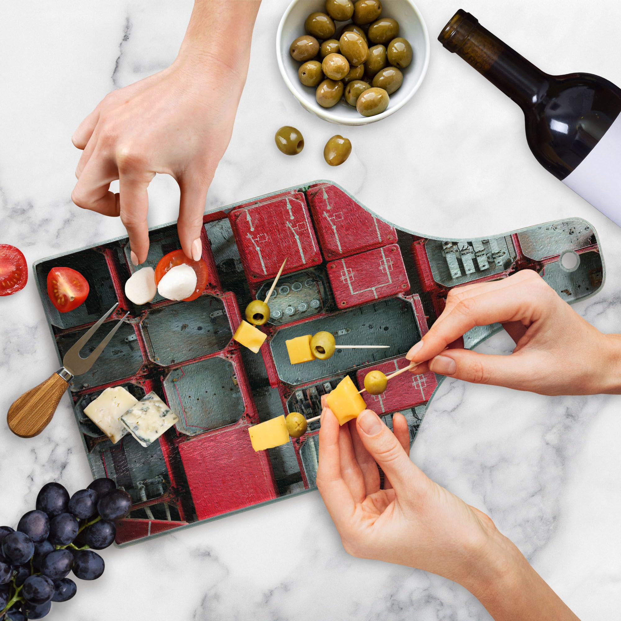 Ambesonne Industrial Style Cutting Board - Tempered Glass Serving Board with Fuse Cabinet Design, Red White Grey - Perfect for Kitchen Prep, Charcuterie, and Wine Serving