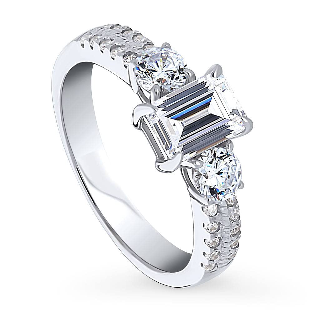 BERRICLE Sterling Silver 3-Stone Wedding & Engagement Ring - 1 Carat Emerald Cut Cubic Zirconia CZ Promise Ring for Women, Rhodium Plated (Size 4-10) - Perfect for Proposals, Anniversaries & Special Occasions