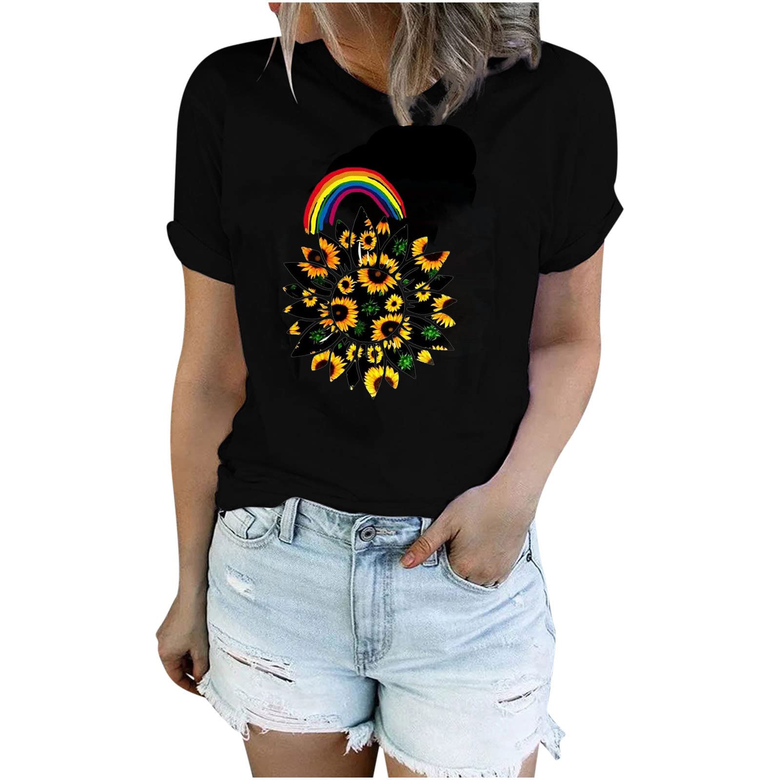 Trendy Rainbow Sunflower Graphic Tee for Women - 2022 Summer Short Sleeve Cotton Crewneck T-Shirt - Casual Comfortable Top for Outfits, Beach & Daily Wear
