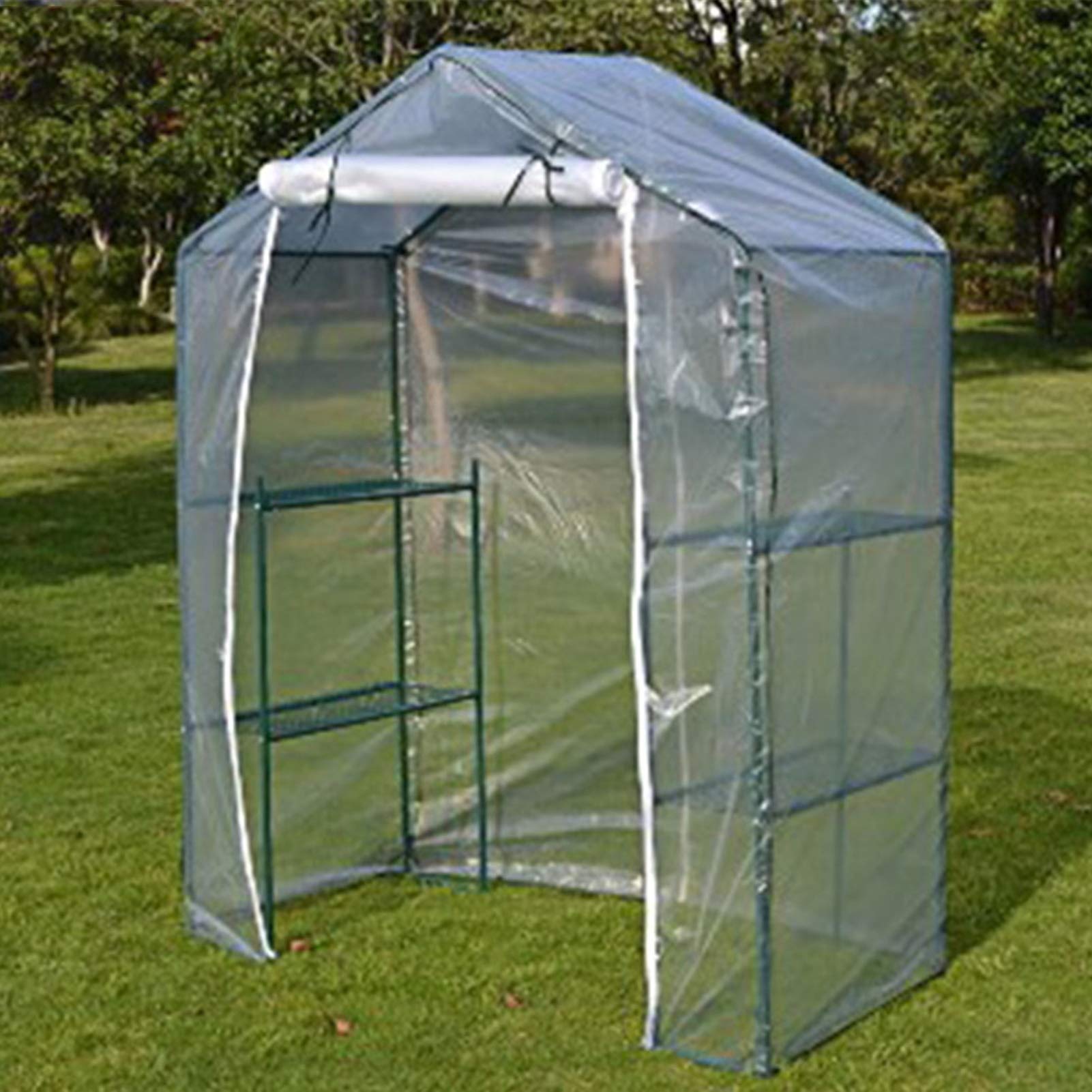 Compact Walk-in Plastic PE Greenhouse with 4 Shelves & Heavy-Duty Reinforced Cover, 140x70x195cm (55.1