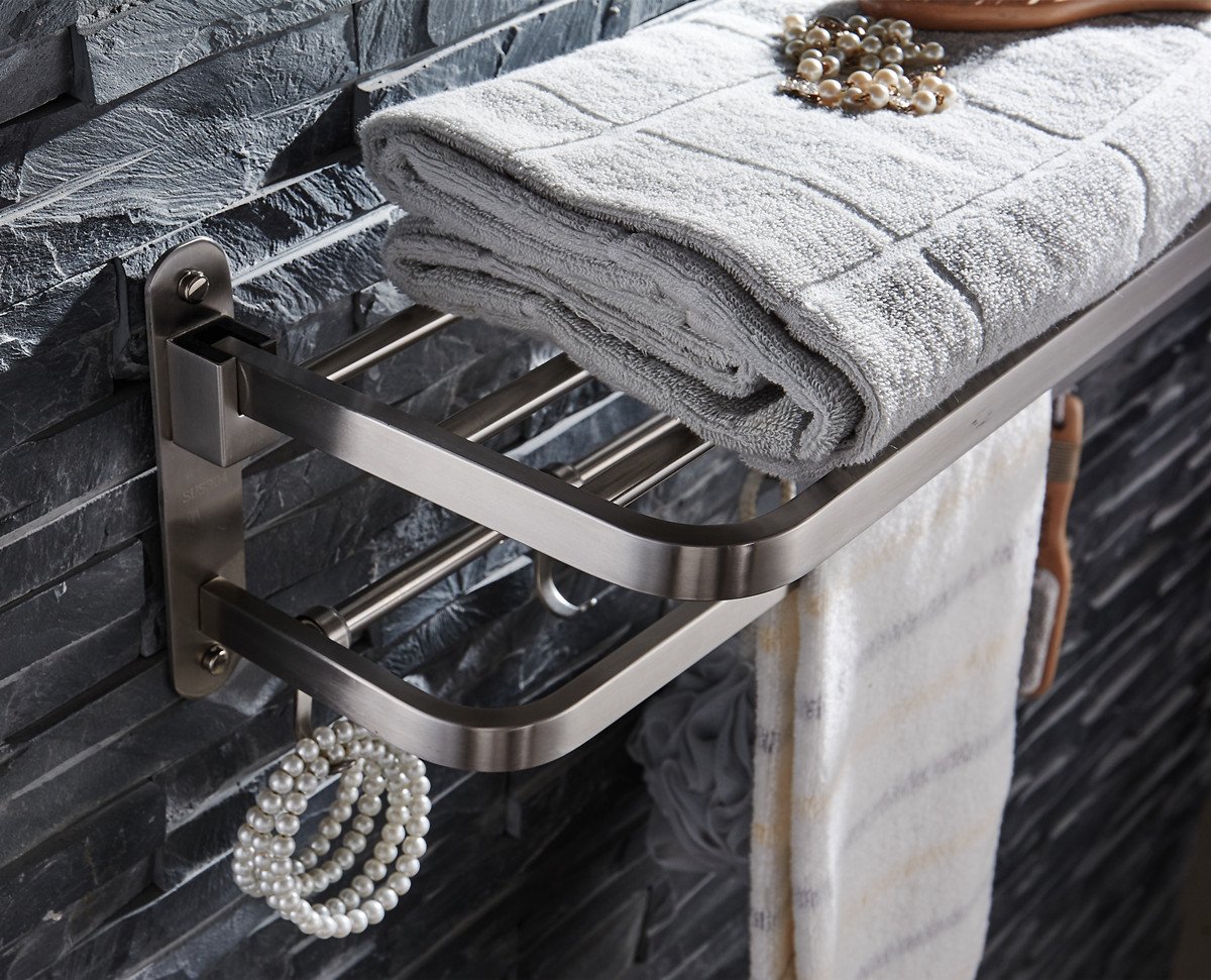 ELLO&ALLO Brushed Nickel Wall Mounted Foldable Towel Rack - Double Towel Bar with Hooks, Stainless Steel Bathroom Shelf Organizer - Perfect for Small Spaces, Apartments & Spa-Style Bathrooms