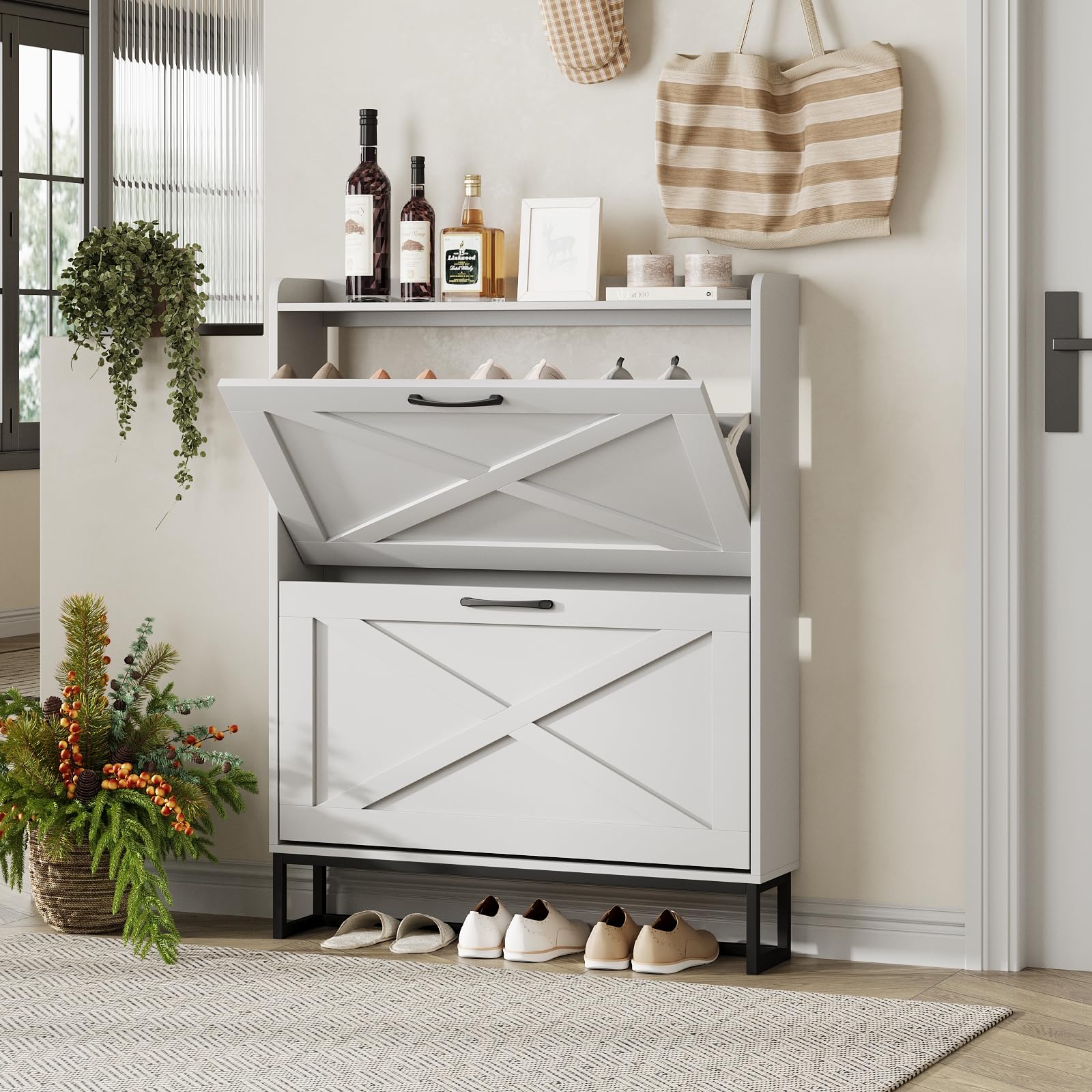 Maupvit Narrow Shoe Cabinet with 2 Flip Drawers - Slim Entryway Shoe Storage Organizer with Metal Legs, Farmhouse Style Free Standing Shoe Rack for Hallway, Living Room & Bedroom Closet Organization