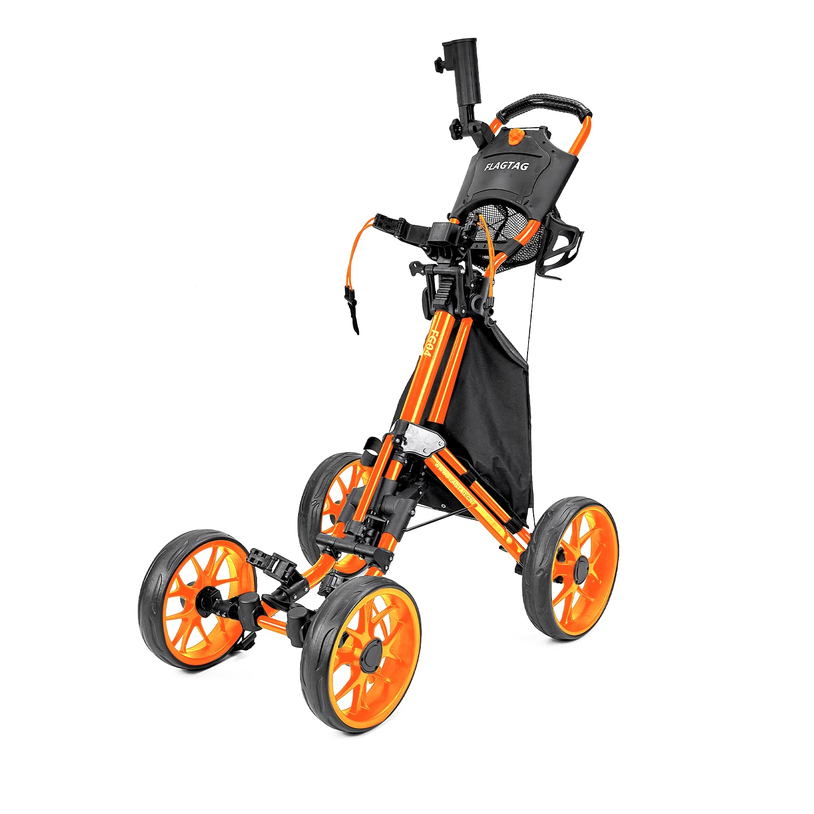 4-Wheel Folding Golf Push Cart with Cup Holder, Umbrella Holder & Cooler Bag - One-Click Foldable Design, Adjustable Handle Height - Perfect for Walking Golfers on the Course or Driving Range