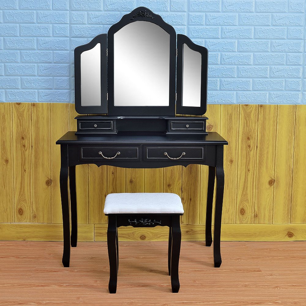 Tri-Fold Mirror Vanity Desk with Cushioned Stool - Black Makeup Dressing Table & Organizer for Bedroom, Dorm, or Beauty Salon