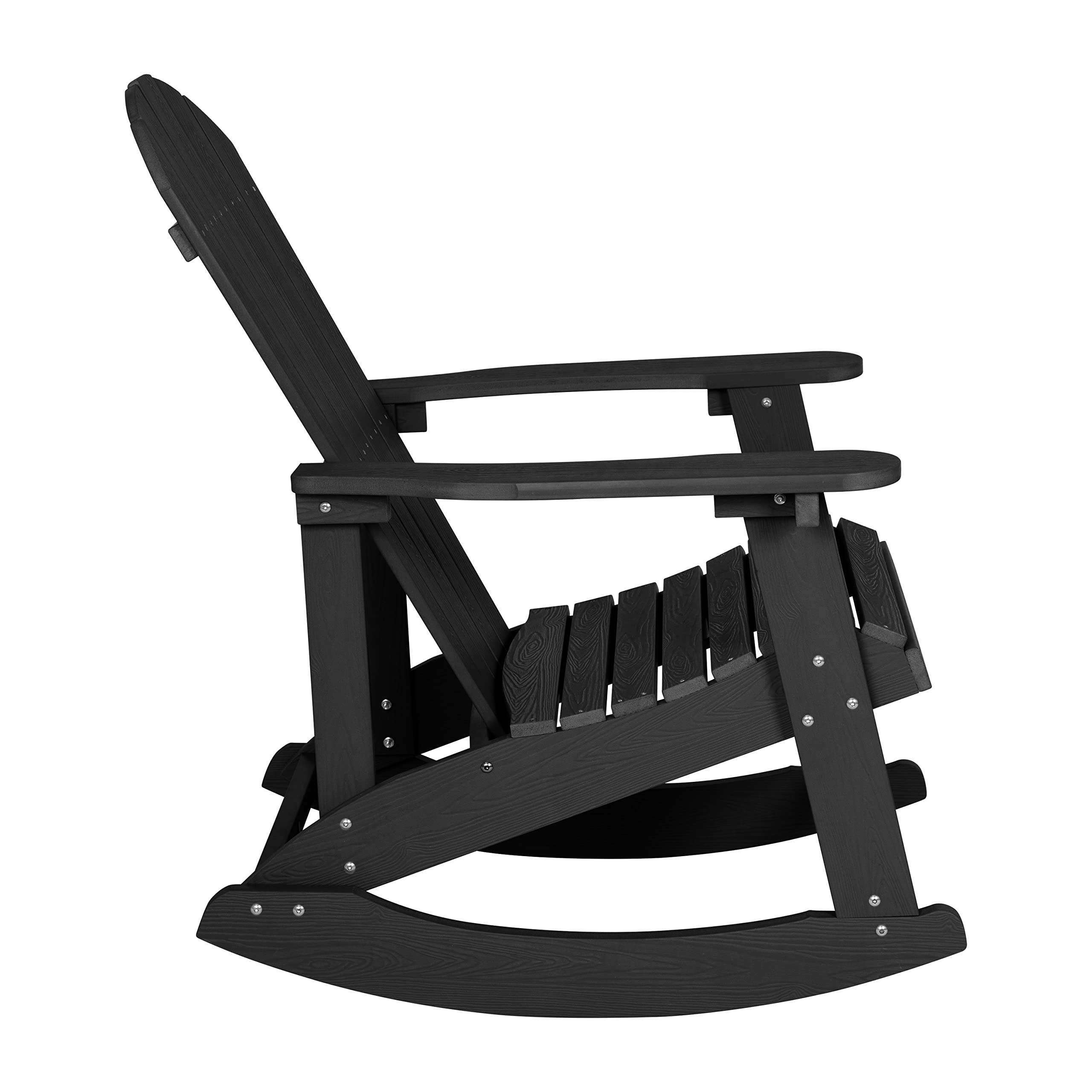 EMMA + OLIVER 2-Piece Marcy Adirondack Rocking Chairs with Fire Pit Set - Durable Black Polyresin Construction & Metal Wood Burning Fire Pit - Includes Spark Screen & Poker Tool - Perfect for Patio, Garden, Backyard, and Outdoor Relaxation