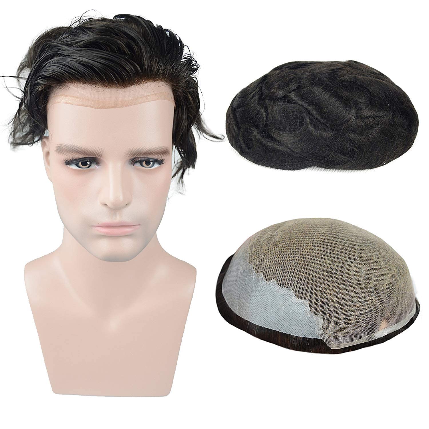 Premium Men's Toupee Human Hair Replacement System - French Lace with 2 Inch PU Back - #1B Off Black - Natural Looking Hairpiece for Thinning Hair & Baldness - Perfect for Daily Wear, Special Occasions & Confidence Boost