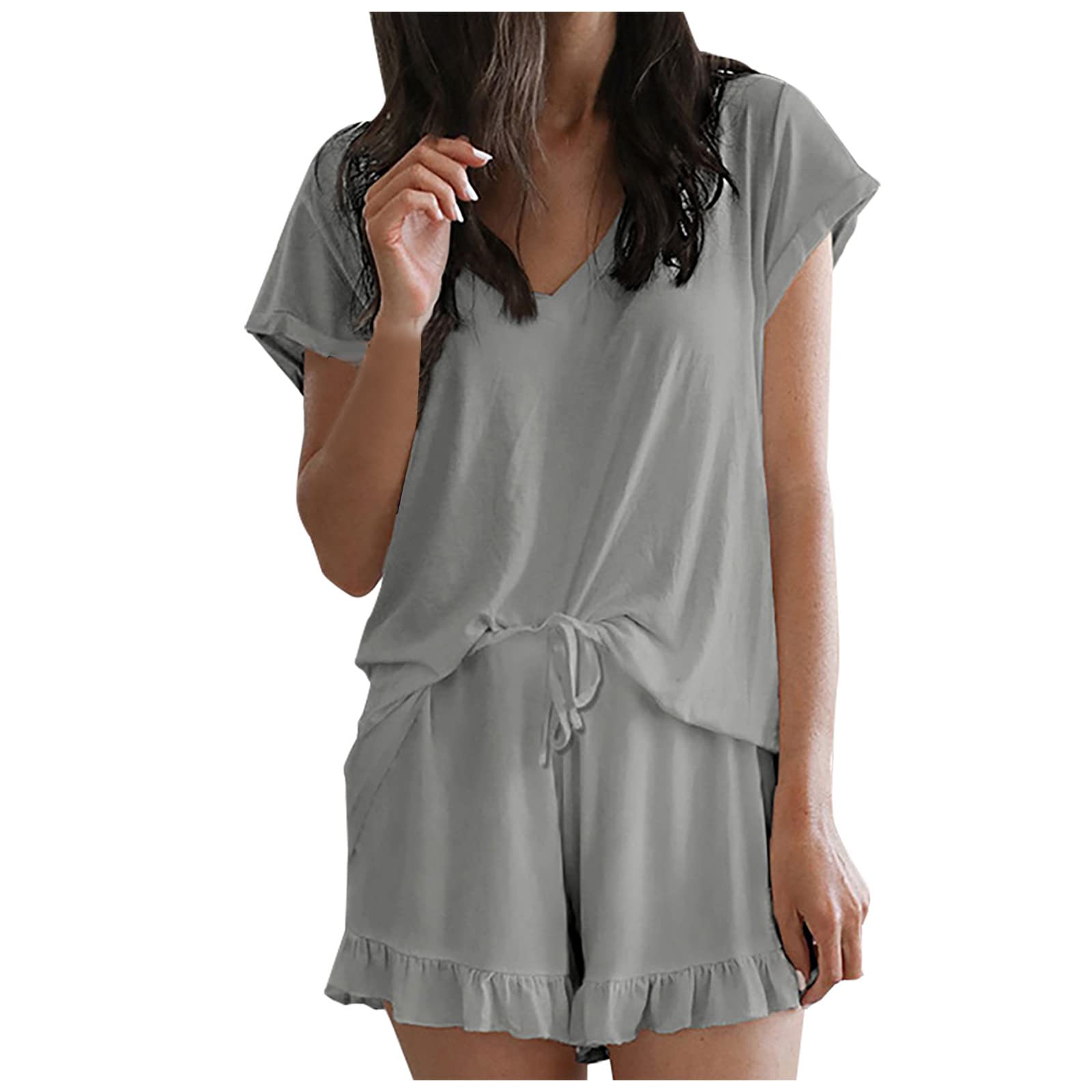 Women's 3-Piece Bra Panty Set - Fancy Casual V-Neck Short Sleeve Top & Sleepwear Shorts - Matching Bikini & Nightwear Set for Comfortable Lounge & Sleep