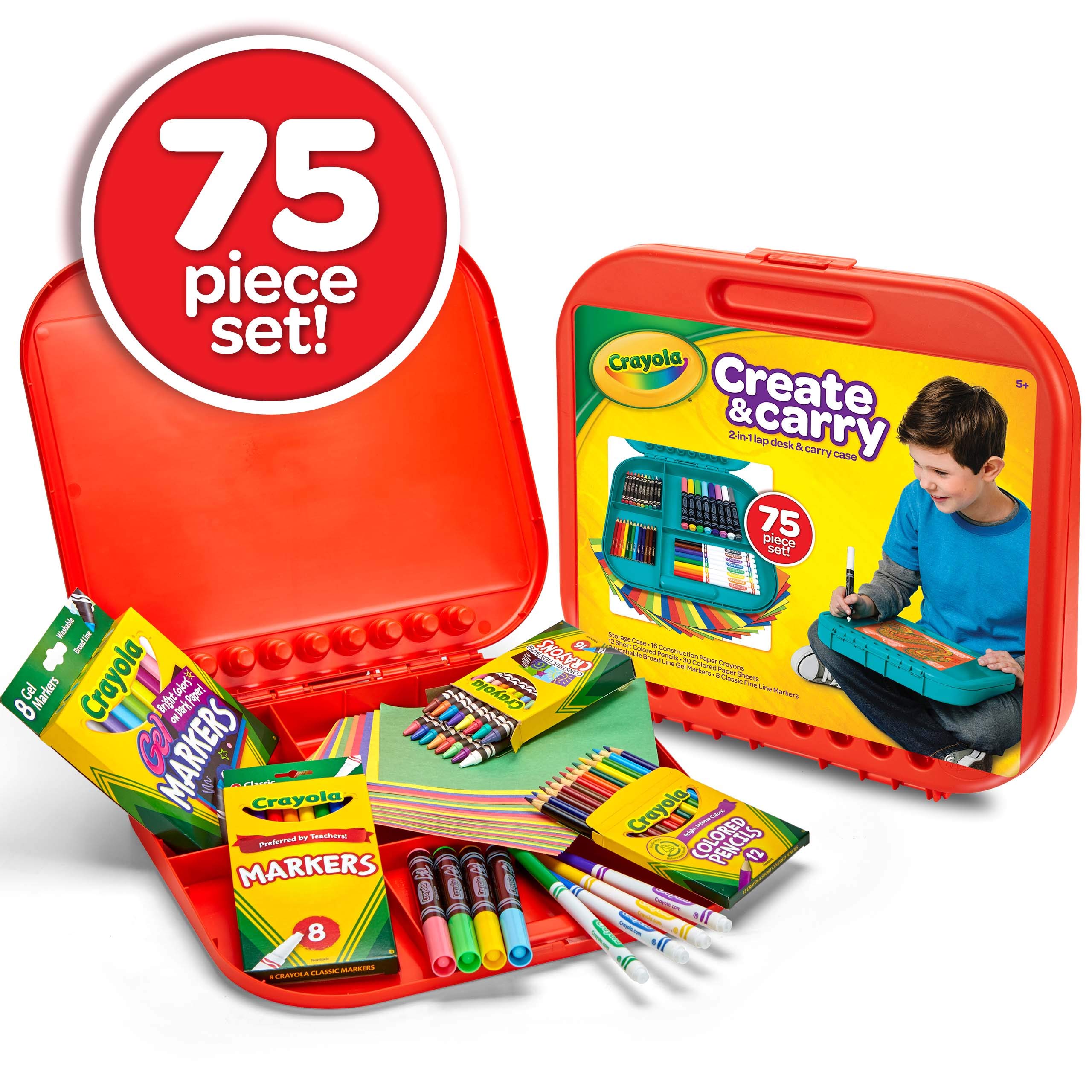 Crayola Create 'N Carry 75-Piece Art Set - 2-in-1 Lap Desk & Carrying Case for Kids | Drawing, Coloring & Craft Supplies | Perfect for Travel, Birthday & Easter Gifts | Ideal for Home, School & Road Trips