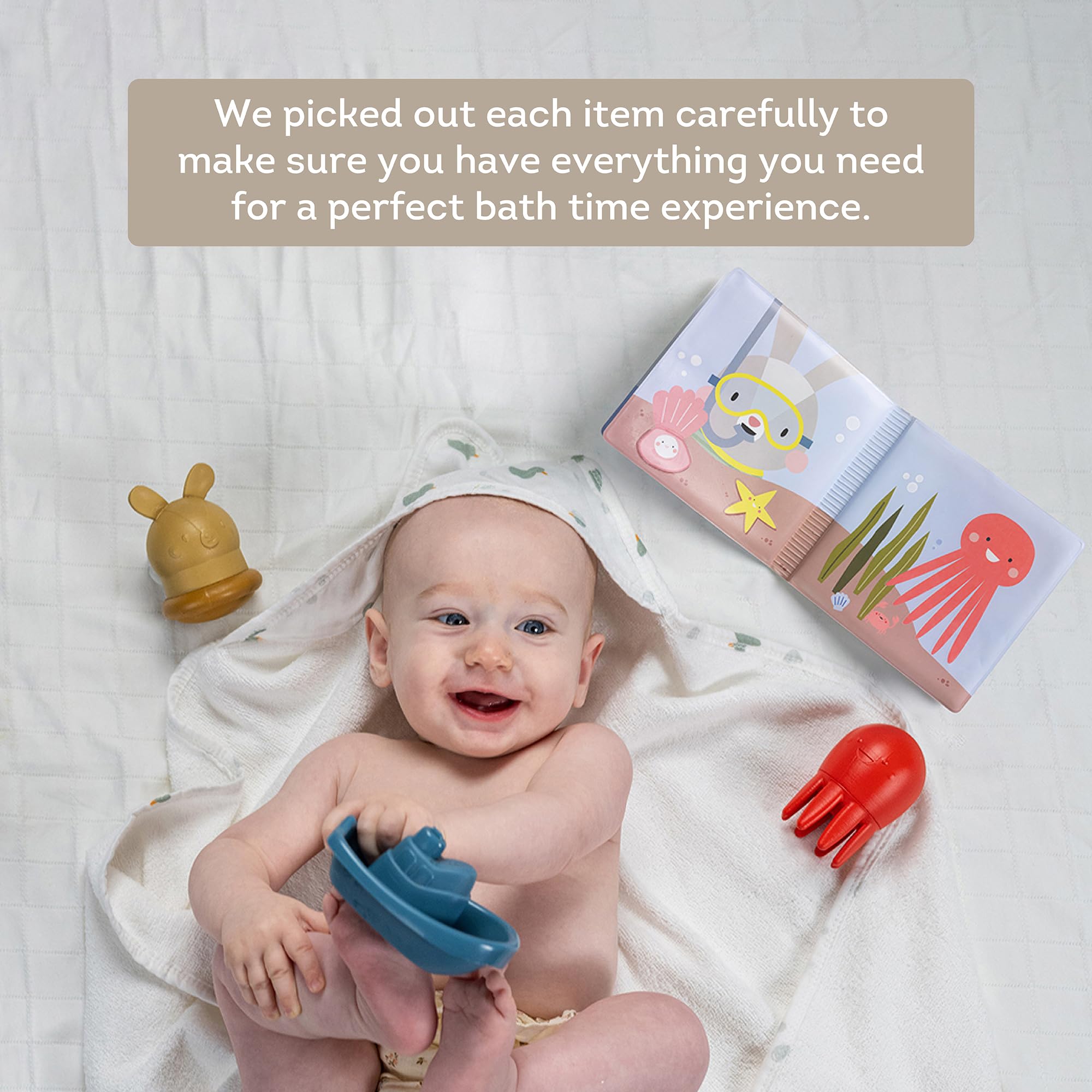 Taf Toys Baby Bath Time Kit - Includes Bath Book, Hooded Towel, Squeaky Toys & Boat - 5-Piece Newborn Essentials Set | Perfect Baptism Gift for Baby Boys & Girls | Fun Bathtime Play & Learning Experience