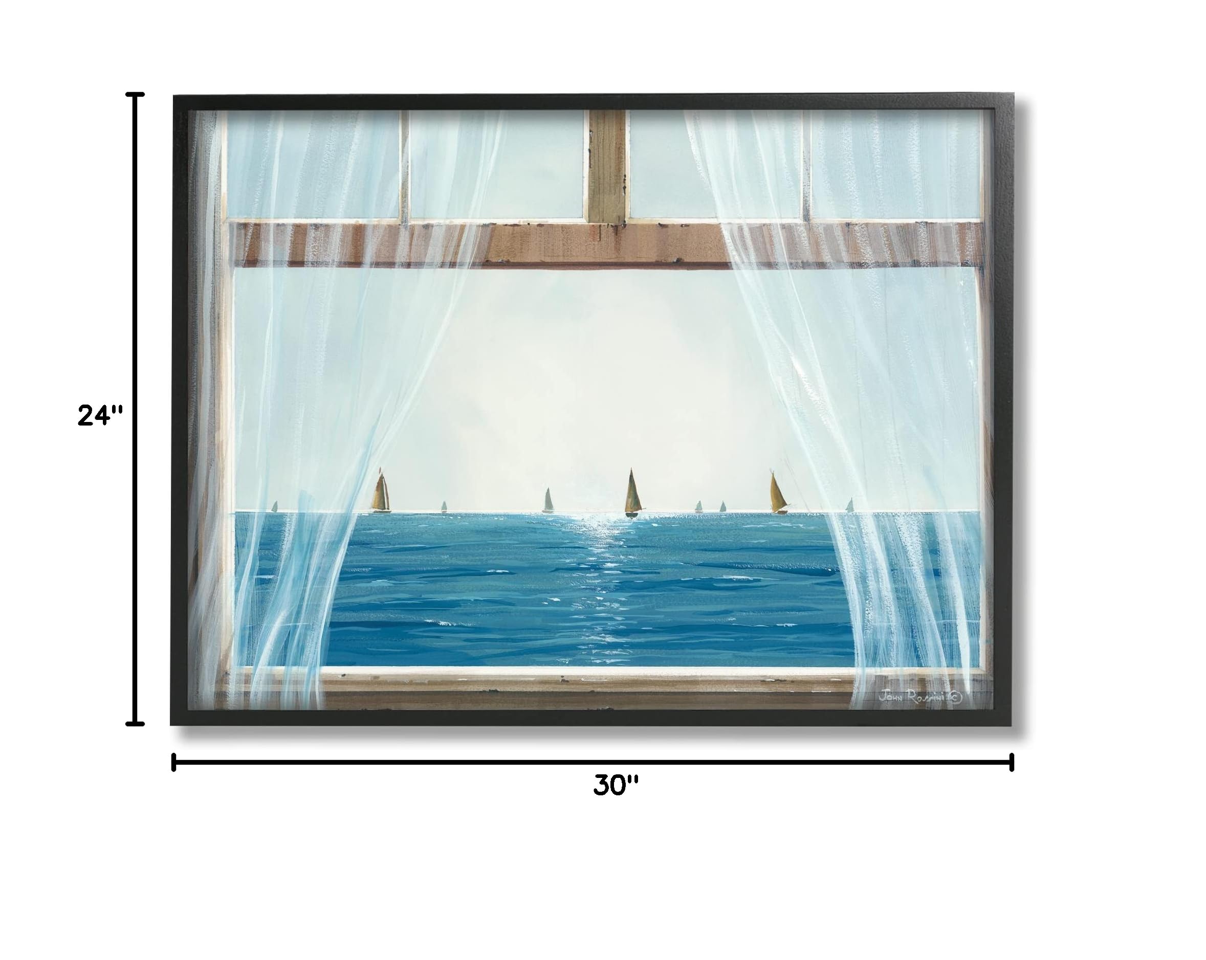 Stupell Industries Serene Beach House Window View Sailboats Ocean Canvas Wall Art - Coastal Decor by John Rossini - Perfect for Living Room, Bedroom & Beach House Decor