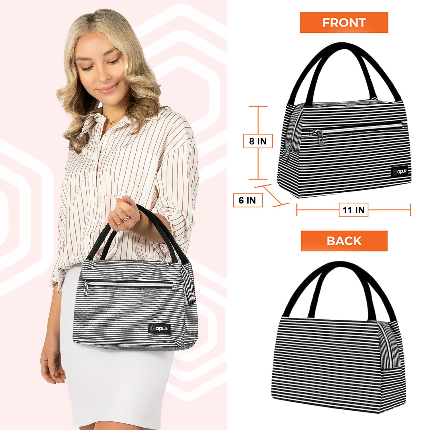 OPUX Insulated Lunch Bag for Women & Girls - Reusable Cooler Tote for Work, School, Travel & Picnic - Small Food Container Holds 11 Cans - Stripe Black Design - Perfect for Office Lunch, College Meals & Outdoor Adventures