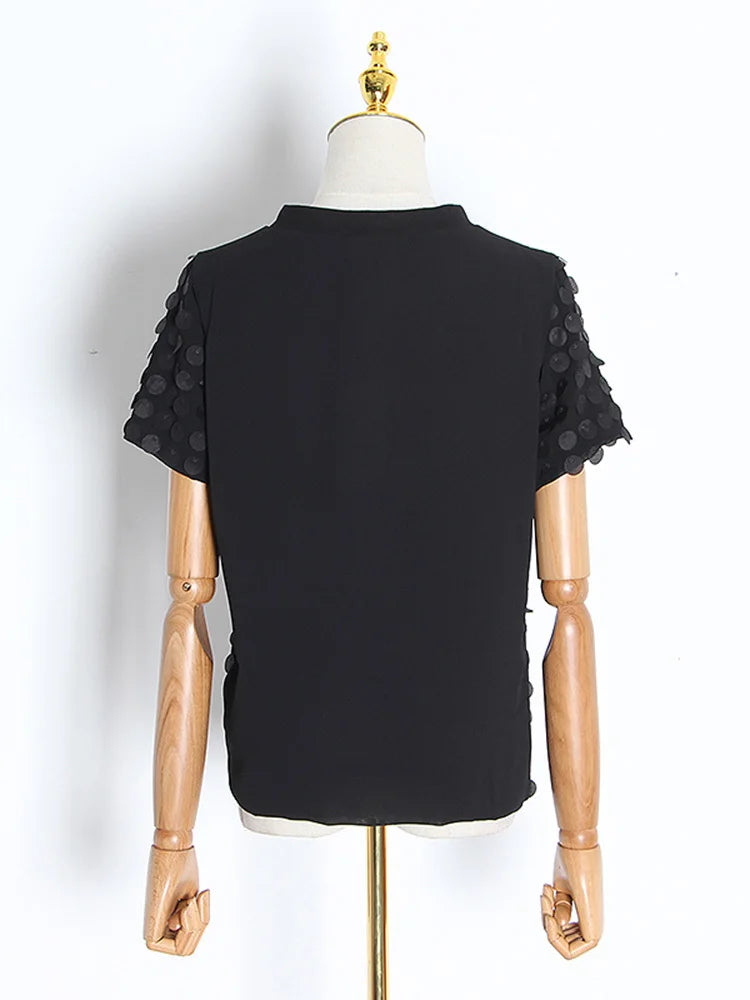 Black Patchwork Sequin T-Shirt for Women - Round Neck Short Sleeve Casual Loose Fit Top | Perfect for Parties, Night Out and Fashion Streetwear