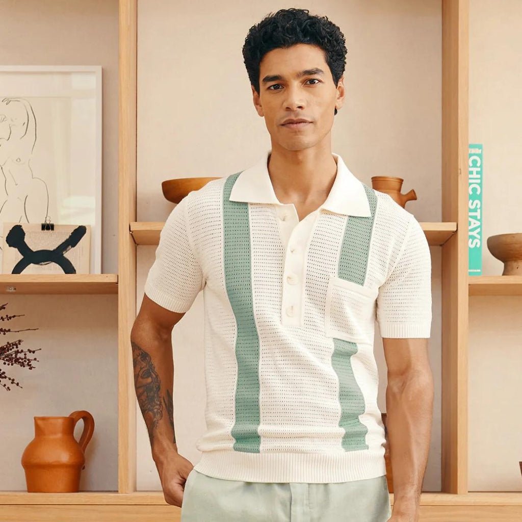 FRESCOBAL CARIOCA Crochet Stripe Polo Shirt for Men - White & Aqua Casual Summer Top - Perfect for Beach Outings, Weekend Brunch, and Vacation Wear